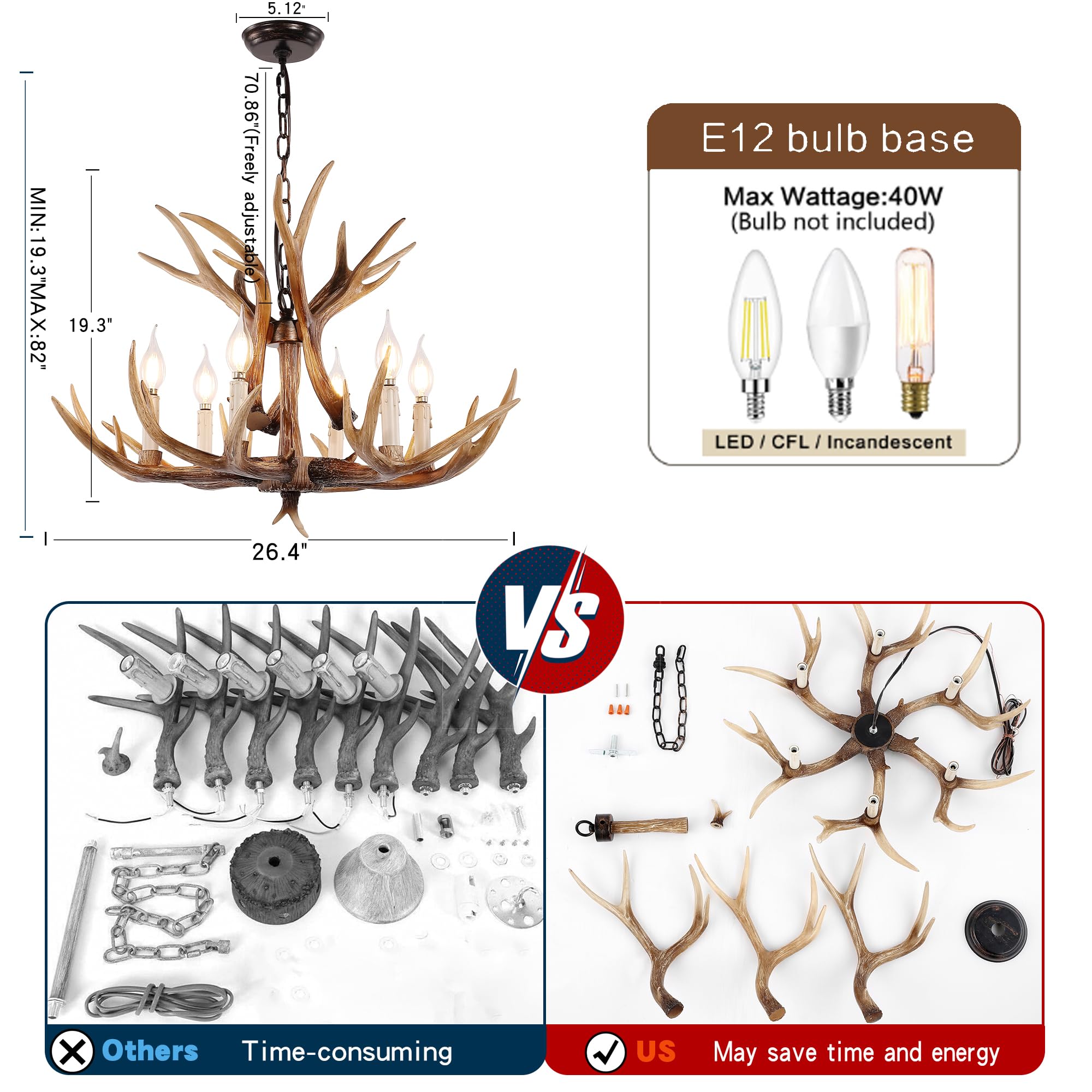 Olhapzp Antlers Chandelier 6 Light, Deer Chandelier Fixtures, Rustic Farmhouse Horn Antler Lighting For Living Room Bedroom Dini