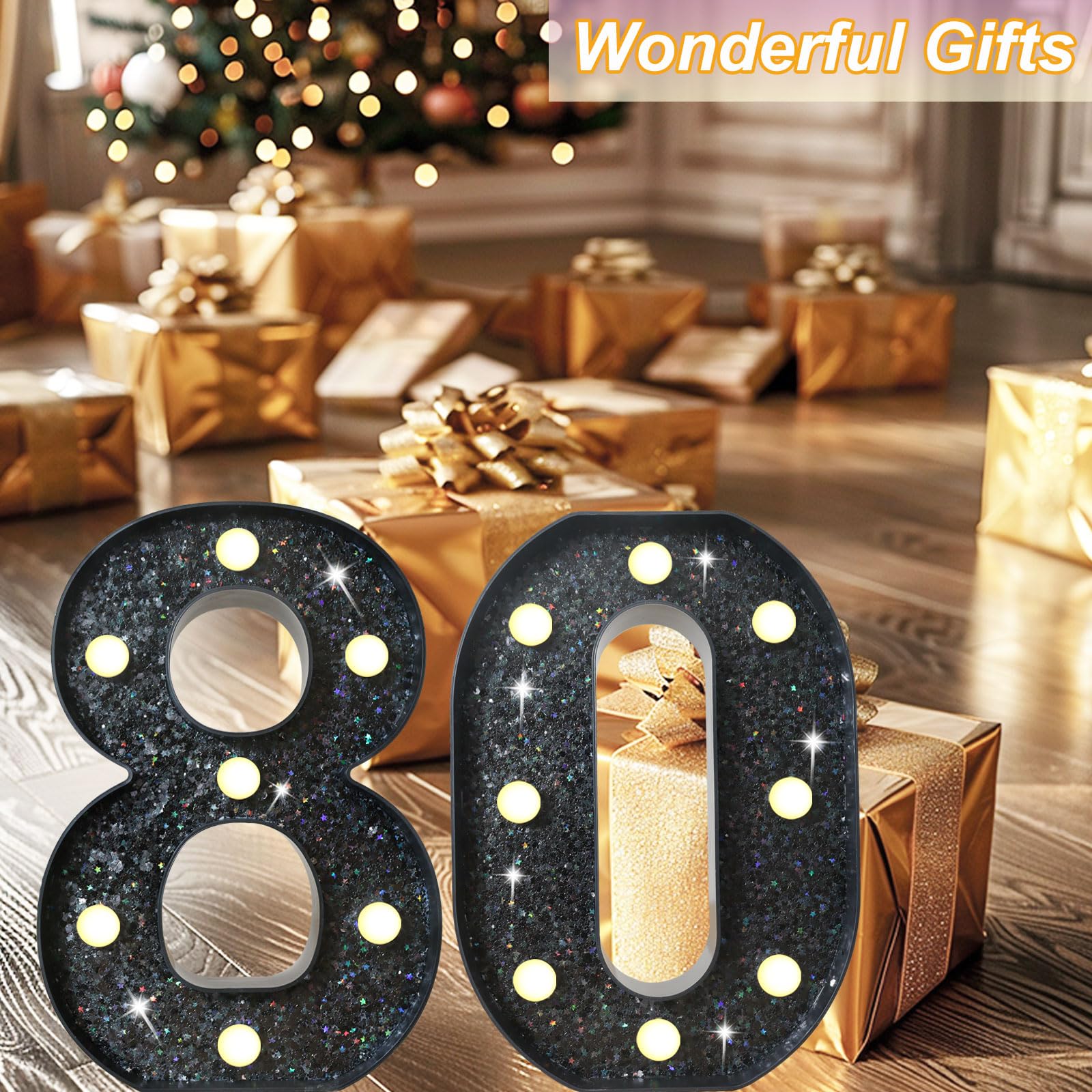 8.8 Decorative Led Light Up Numbers  Glitter Marquee Numbers Lights For 80Th Birthday Decorations  Shiny Lighted Number Sign For Birthday Party Wedding Anniversary Home Decor  Glitter Black 80
