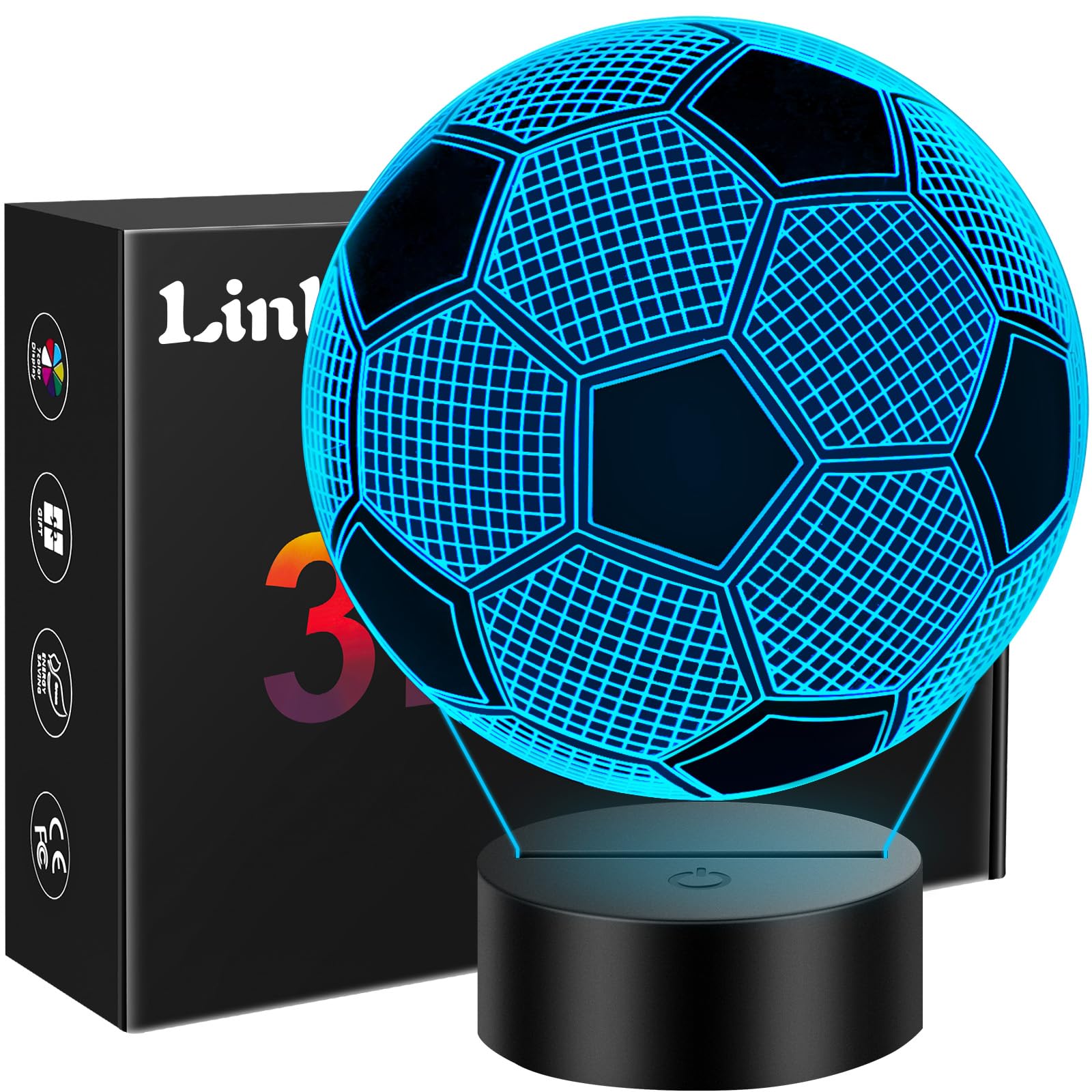 Linkax Soccer Ball 3D Illusion Lamp - Easter Basket Stuffers For Boys Ages 8-13, 16 Color Changing