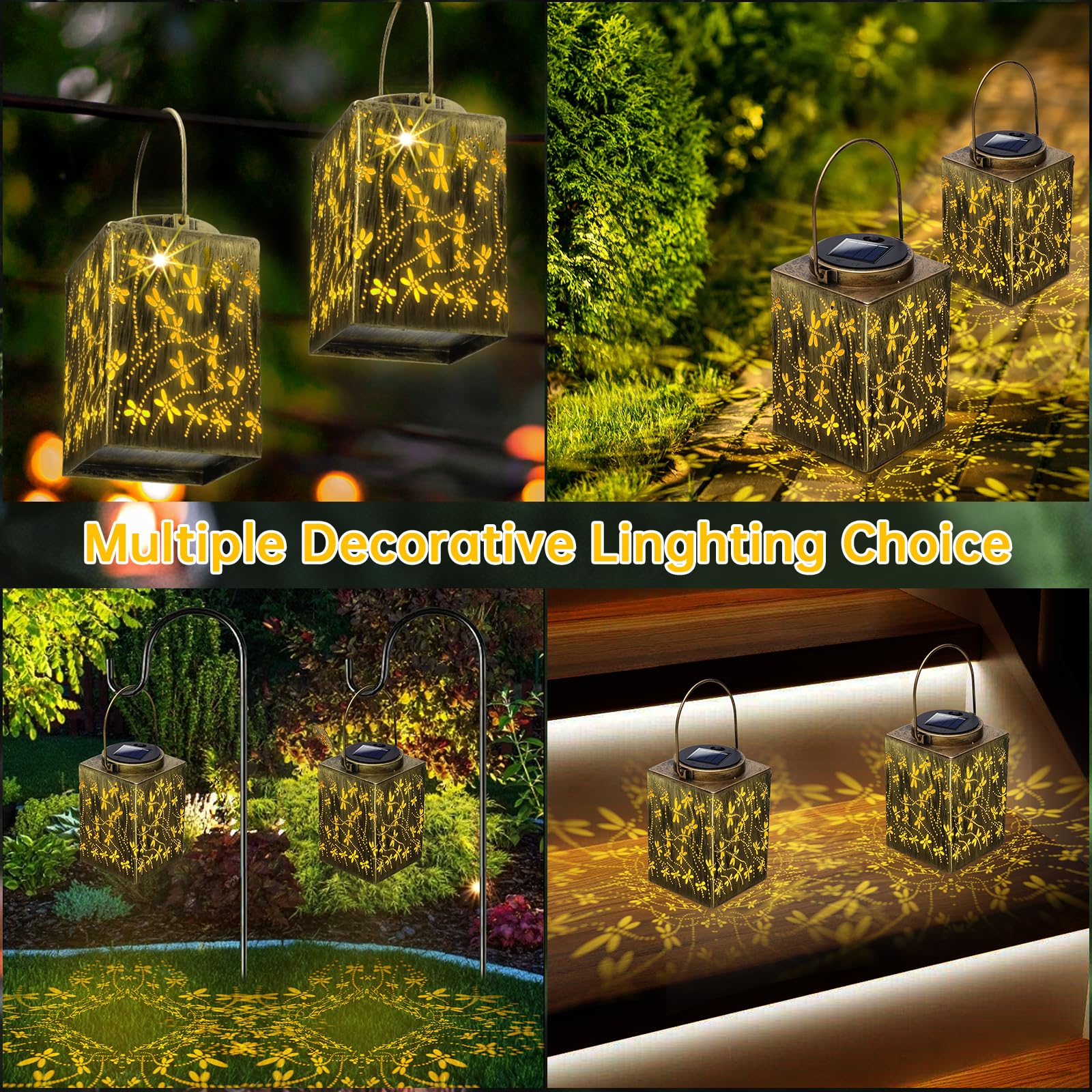 2 Pack Solar Lanterns - Waterproof Metal Hanging Solar Lights Outdoor Decorative, Solar Powered LED Lamp for Patio Tabletop Porc