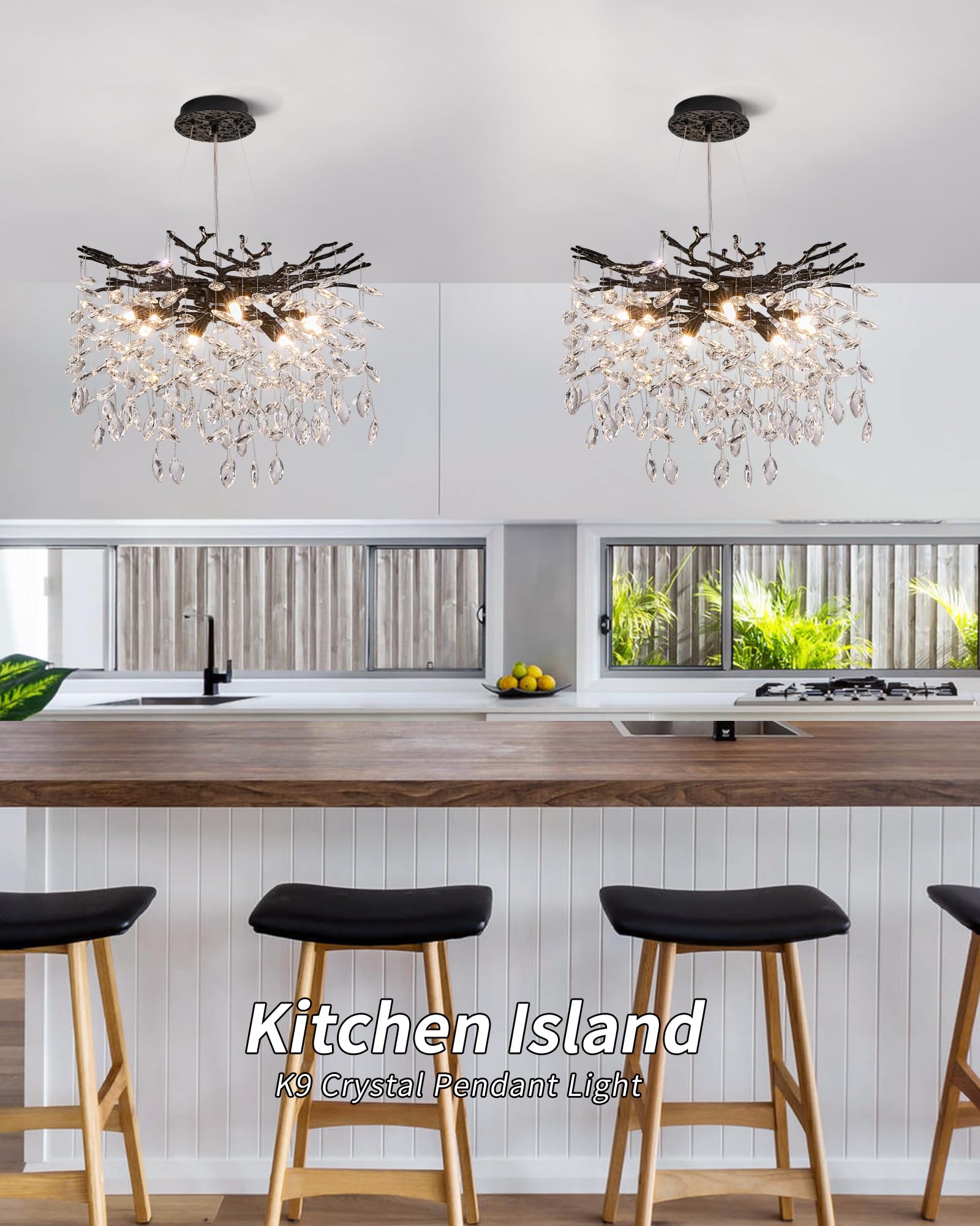 Modern Tree Branch Crystal Chandelier Luxury Black Crystal Pendant Lighting 18'' Contemporary 6-Light Chandeliers For Dining Roo