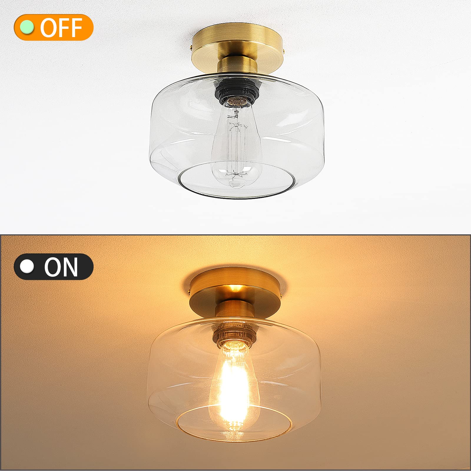 Maxvolador Industrial Semi Flush Mount Ceiling Light Gold, Clear Glass Pendant Lamp Shade, Farmhouse Lighting Hallway, Vintage H