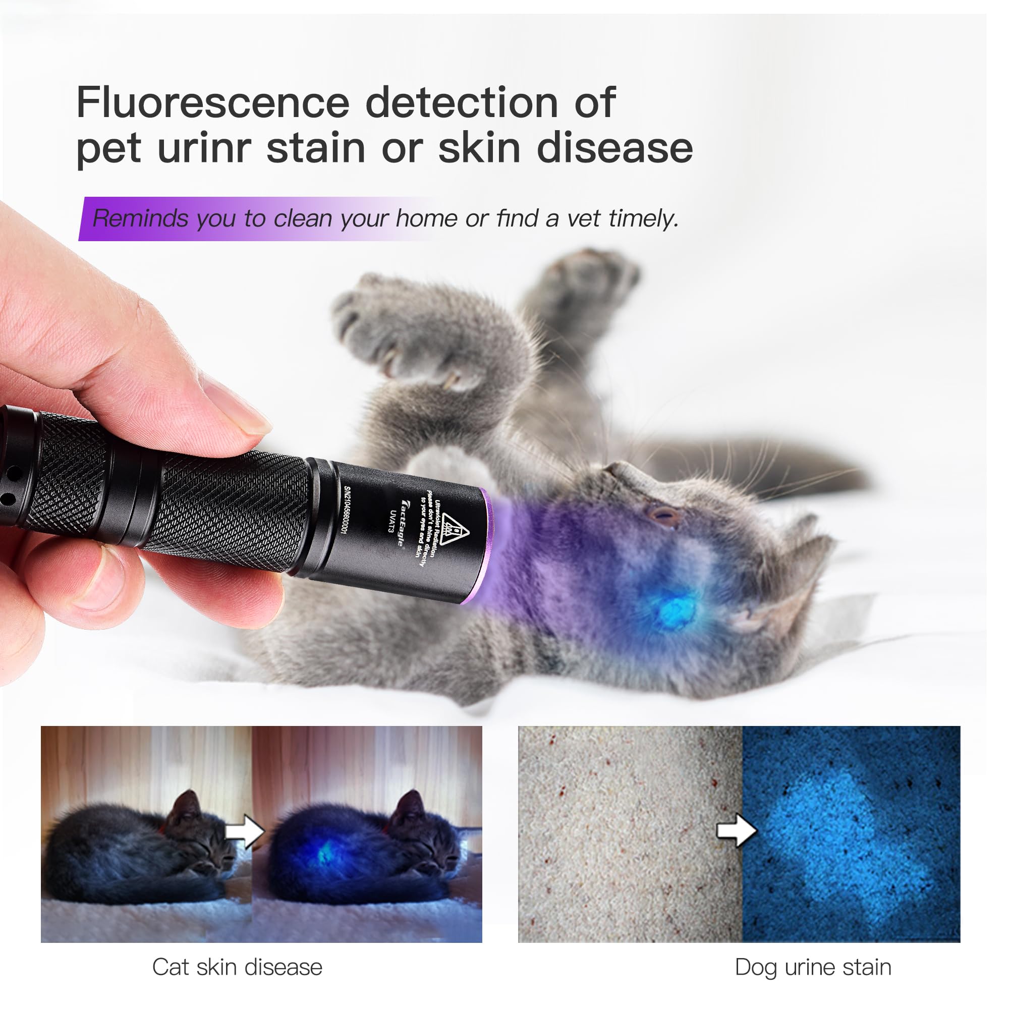 TactEagle UV Flashlight Mini UVA-T3, Portable Black Light for Pet Urine Detection & Scorpion Finding