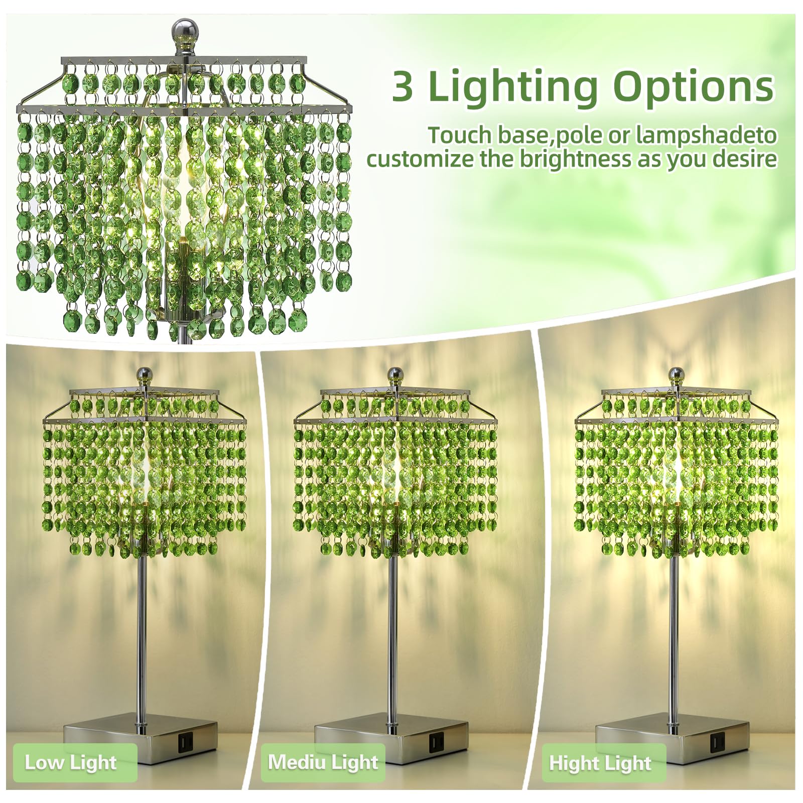 Luvkczc Crystal Table Lamp with Touch Control, 3-Way Dimmable, USB C+A Ports, Green, Model 1TL-71008-03, Acrylic Shade