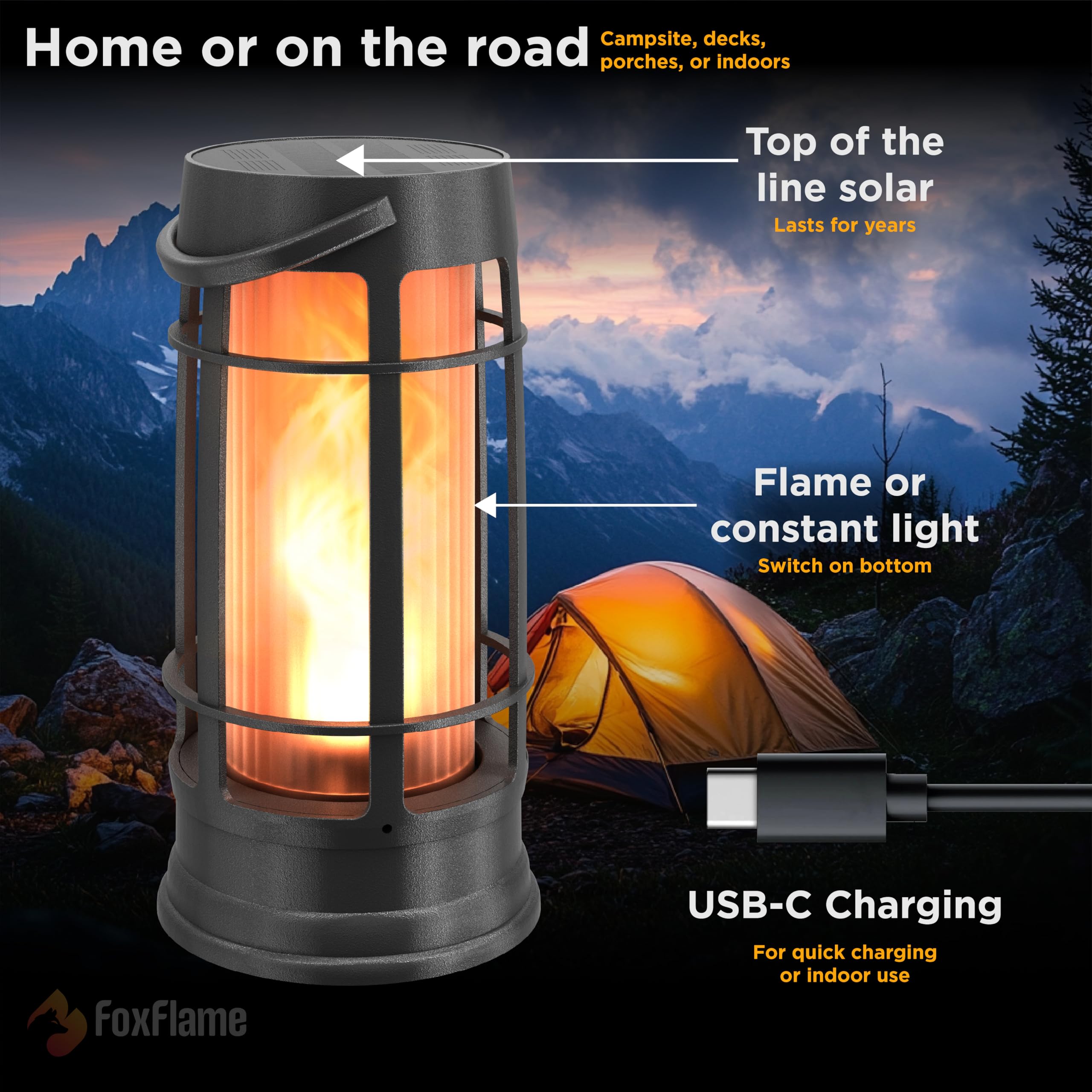 FOXFLAME Metal Outdoor Solar Lanterns, Waterproof Flickering LED