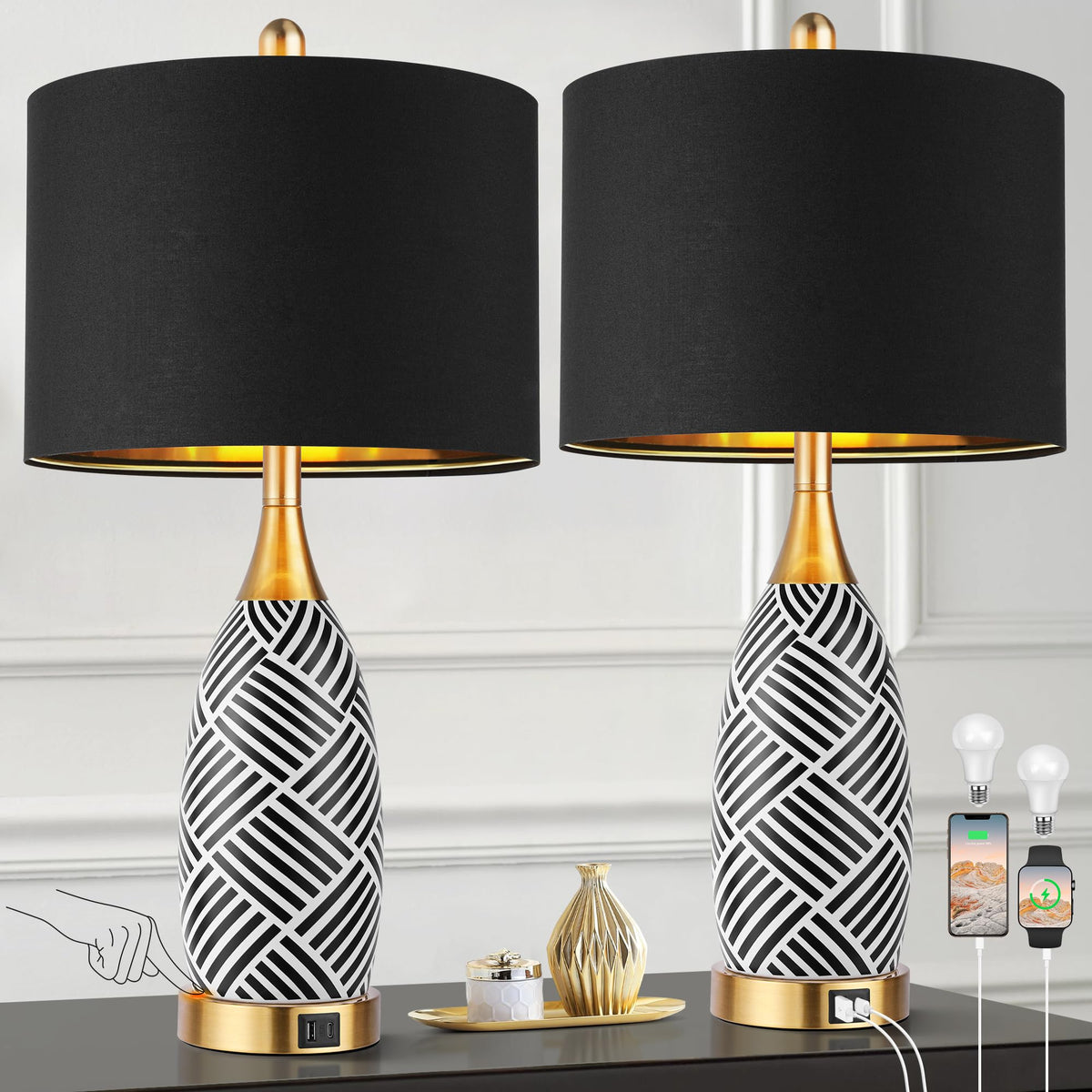 25.5'' Touch Control Black and Gold Lamp,3-Way Dimmable Modern Ceramic Table Lamps with USB & Type-C Ports,Classic Black/White S
