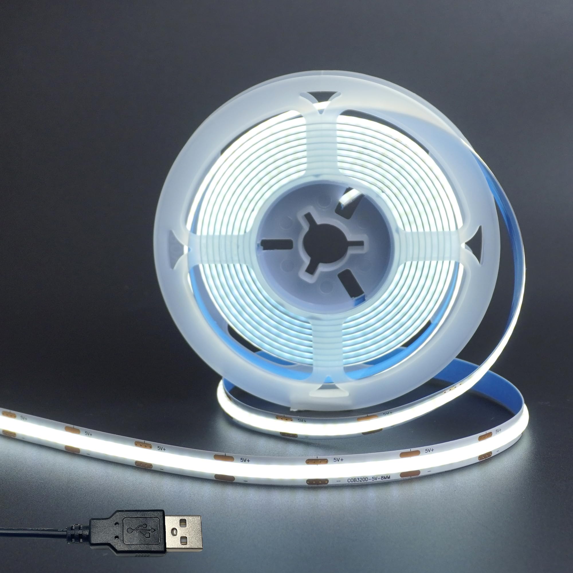 Clearhill 5V 8mm Width USB COB LED Band Lights Cool White 6500K 320LEDs/M 8W/M CRI90 9.84FT/3M Electroplated Double-Sided Panel Light Band Waterproof IP20 Flexible Band for Indoor Decoration