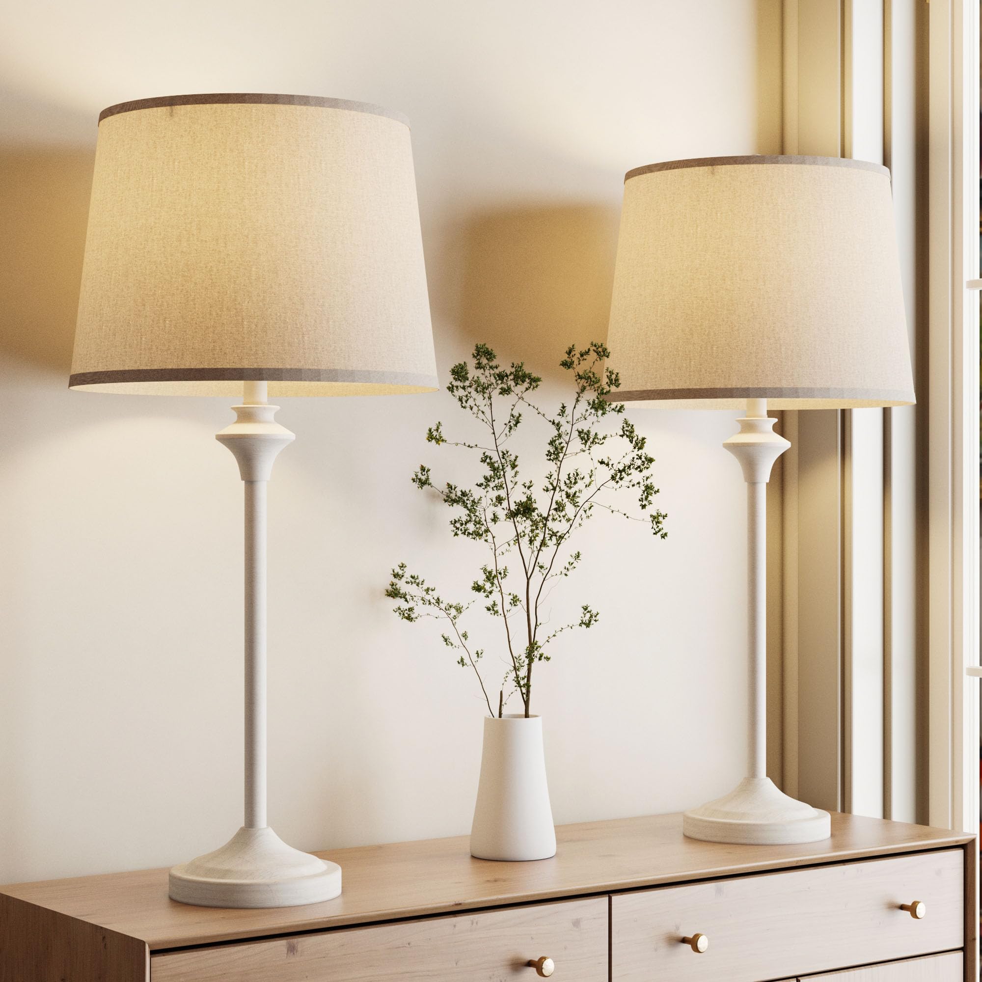Maxax Farmhouse Table Lamps Set of 2 for Living Room  Antique White Metal Buffet Lamps with Oatmeal Shade Decor  26 Tall Skinny Bedside Nightstand Lamps for Bedroom