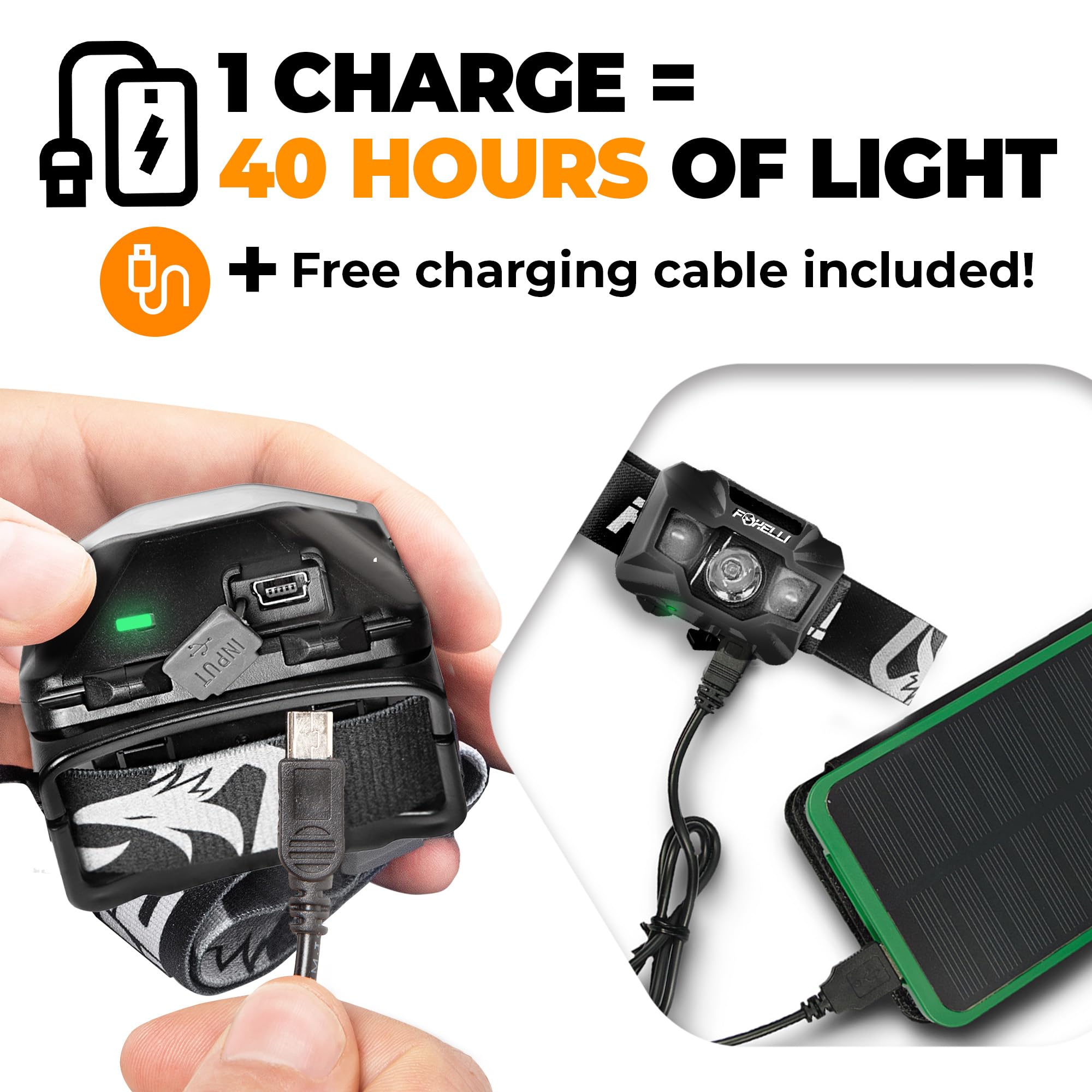 Foxelli Rechargeable LED Headlamp - Ultralight, Waterproof, Black, Model MX200B_Child, USB Rechargeable with Red Light for Outdoors