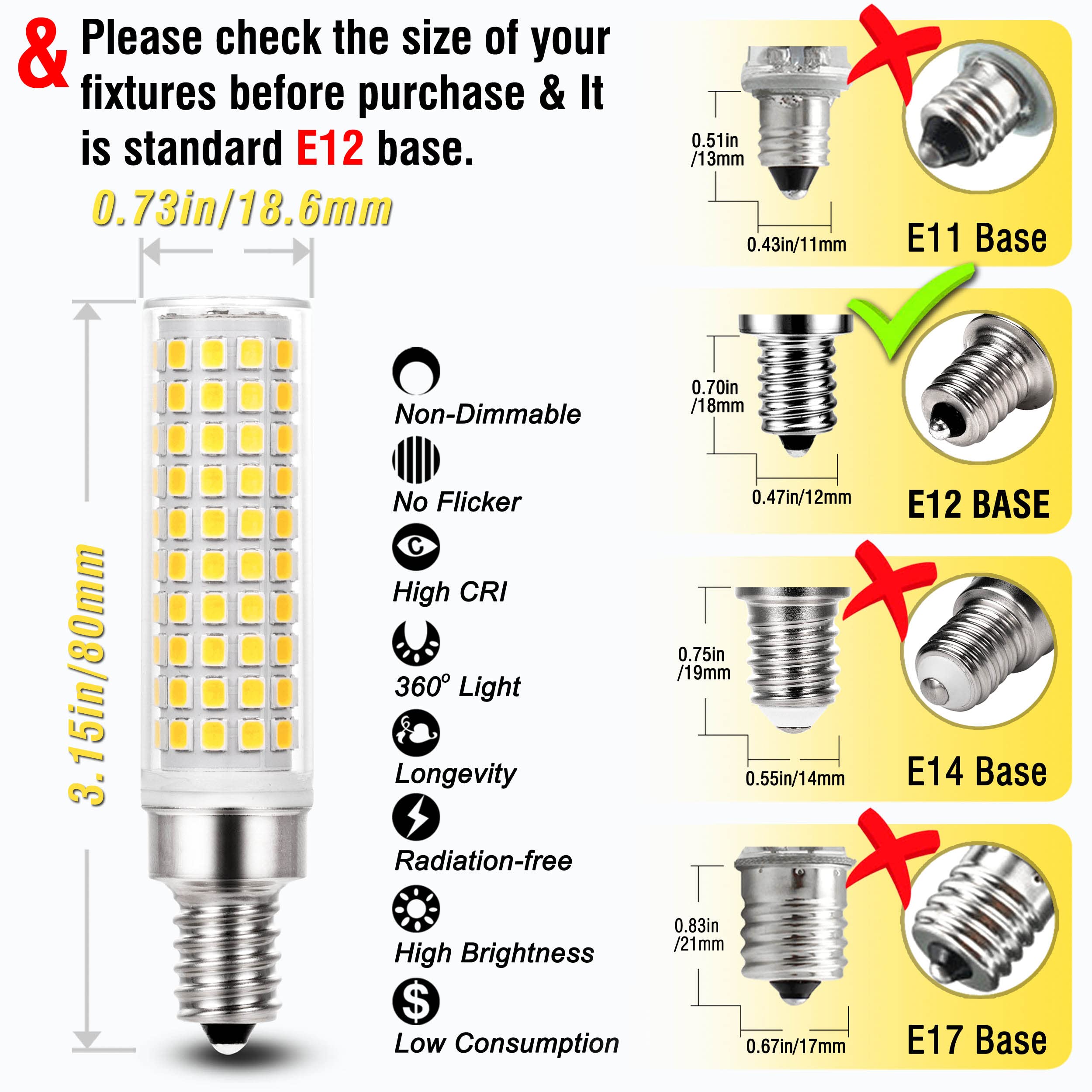 Alide E12 100W Led Candelabra Bulbs Replacement C7,5000K Daylight White,1200Lm T6 10W Led E12 Candle Light Bulbs For Ceiling Fan