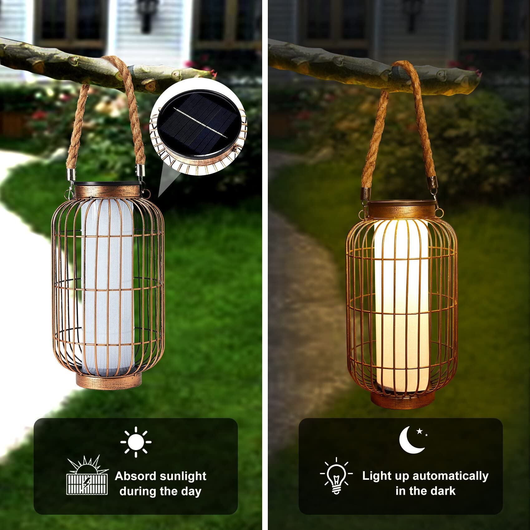 pearlstar Solar Powered Lantern - Heavy Duty Metal Hanging Light, Waterproof for Outdoor Use, Copper, Model 390