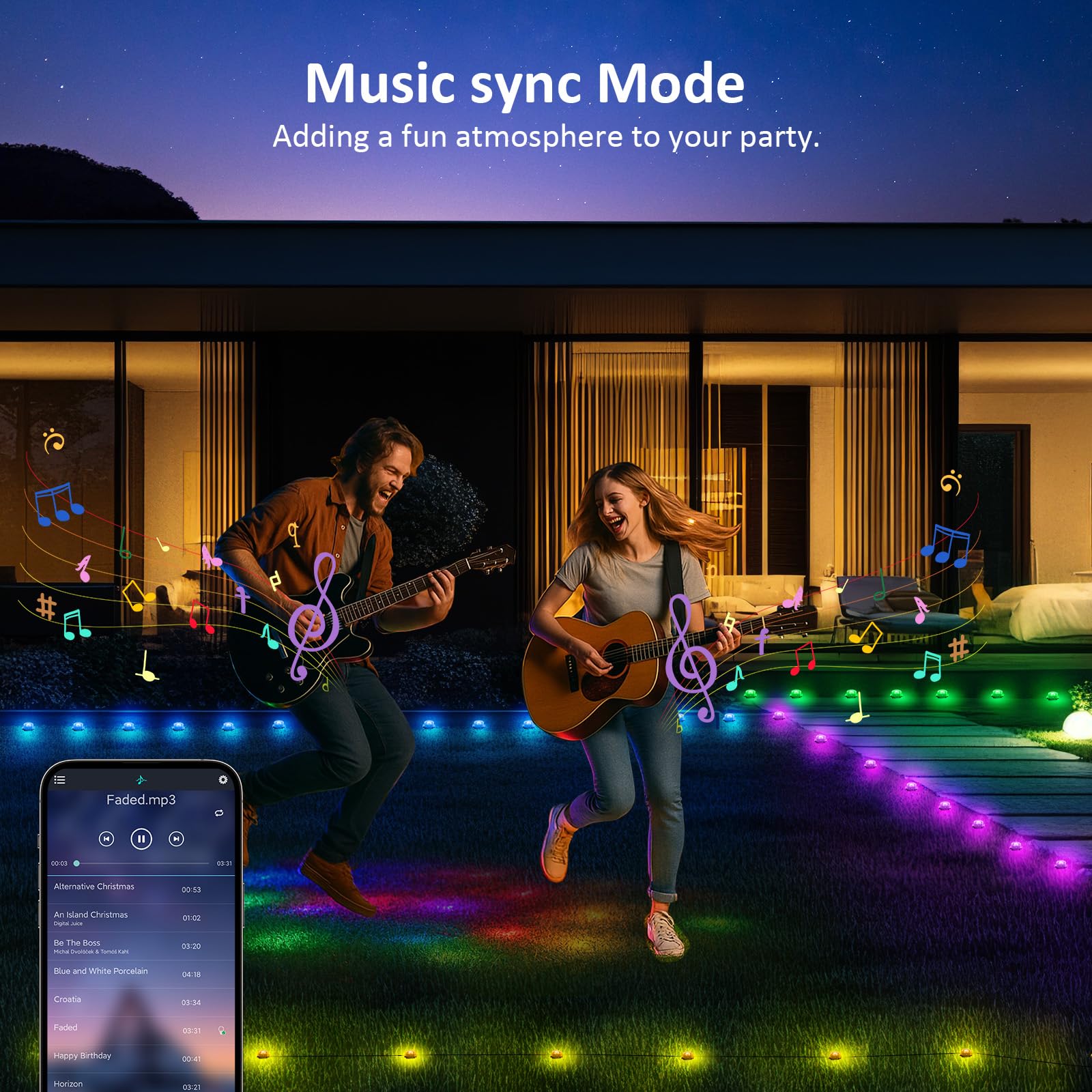 IVRICH Outdoor Ground Lights, Smart RGB 32.8ft, IP68 Waterproof, Music Sync, Remote Control, Black, Model 5050