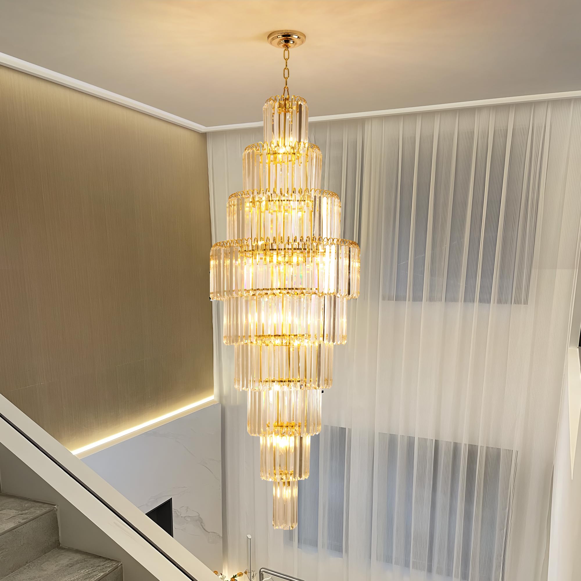 Puvaue Elegant Modern Gold 9-Tier Crystal Chandelier for High Ceiling Foyer Staircase Large Entryway Light Fixture Dia23.7 20 Lights