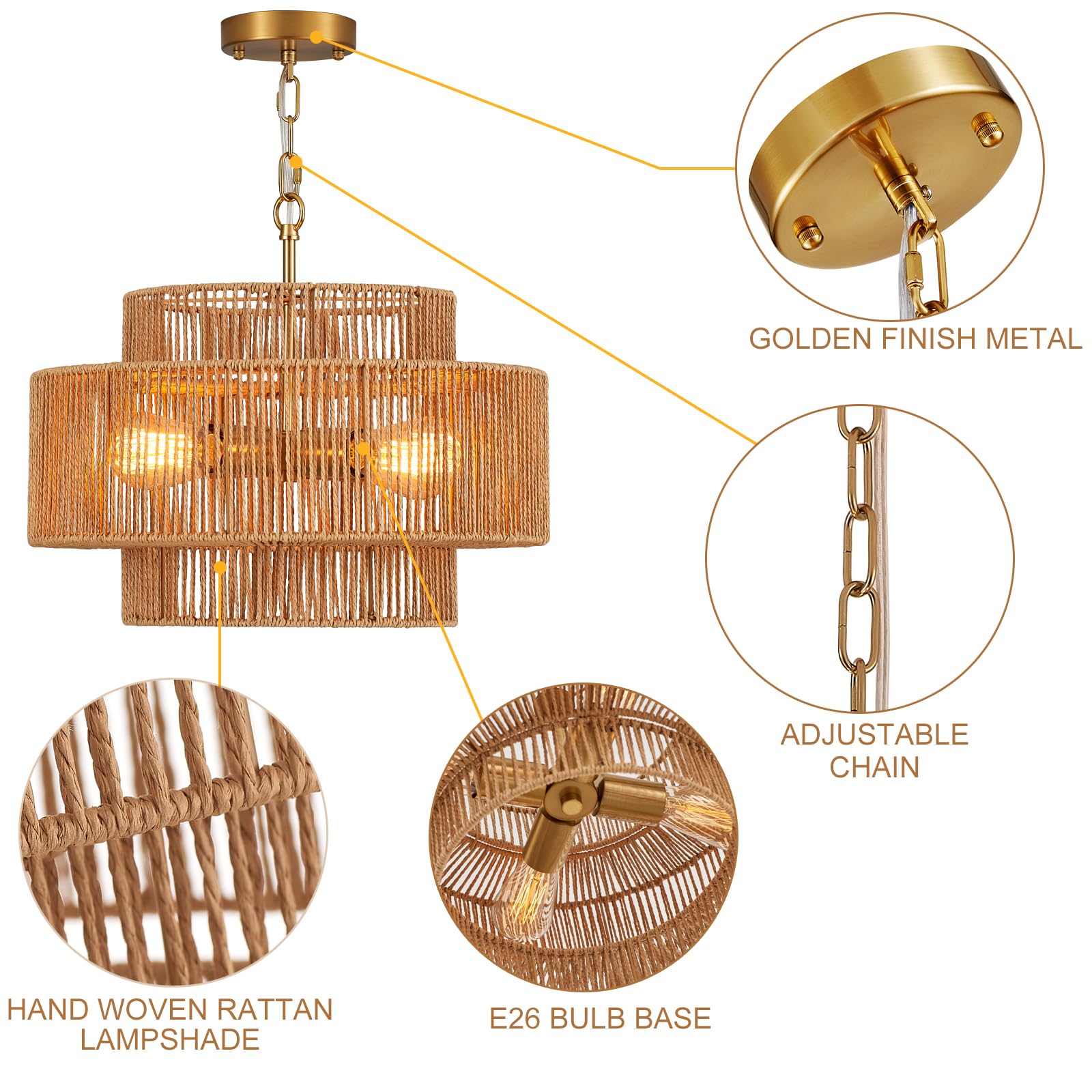Widluth Hand-Woven Rattan Chandelier Vintage 4-Light 17.7" Farmhouse Boho Bamboo Chandelier Light Fixture Retro 3-Tier Drum Wicker Rattan Golden Chandelier For Dining Room, Kitchen, Living Room