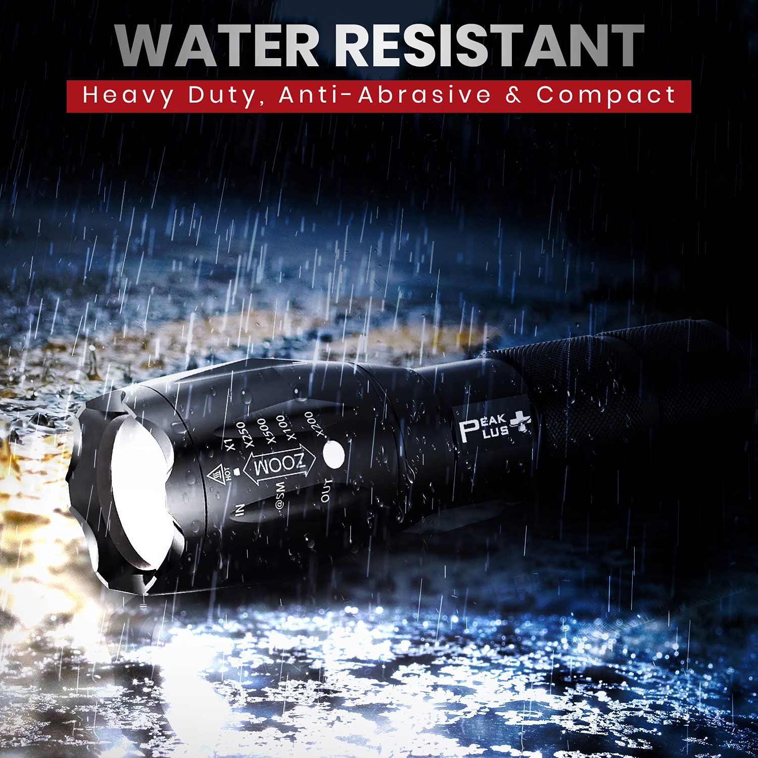 PeakPlus Rechargeable Tactical Flashlight LFX1000 - High Lumens LED, Zoomable, Water Resistant, Small, Black, Aluminum