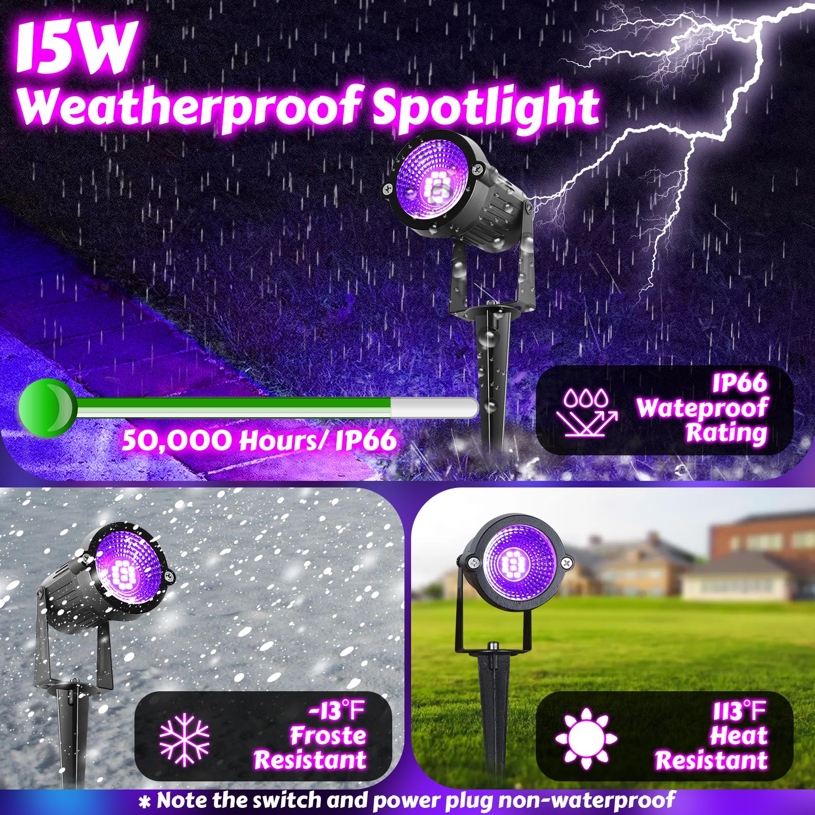 4 Pack Waterproof Black Lights, Ip66 15W Led Blacklight Halloween Outdoor Spotlight With On/Off Switch + Plug + Metal Stakes For