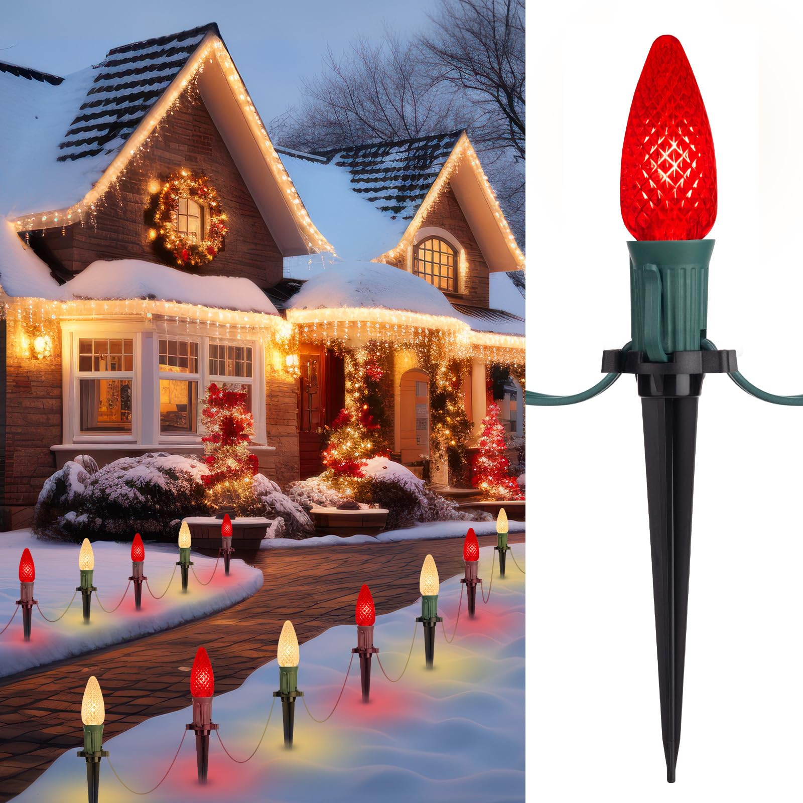 C9 LED Christmas String Lights Outdoor, 26 Feet 20 LED Christmas Pathway Lights with 20 Plastic Stakes, Connectable Waterproof f