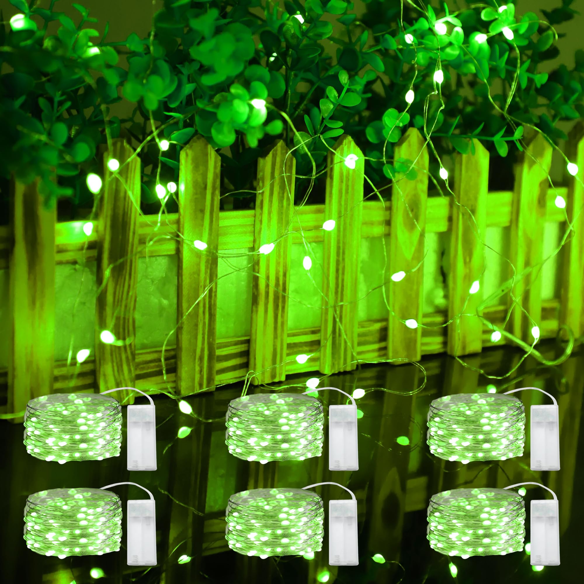 FTEOYEL 6 Pack Fairy Lights Battery Operated, 10 feet 30 LEDs String Lights, Flashing and Constant Light Modes, for Bedroom, Parties, Wedding, Glass Bottle Decoration (Green)