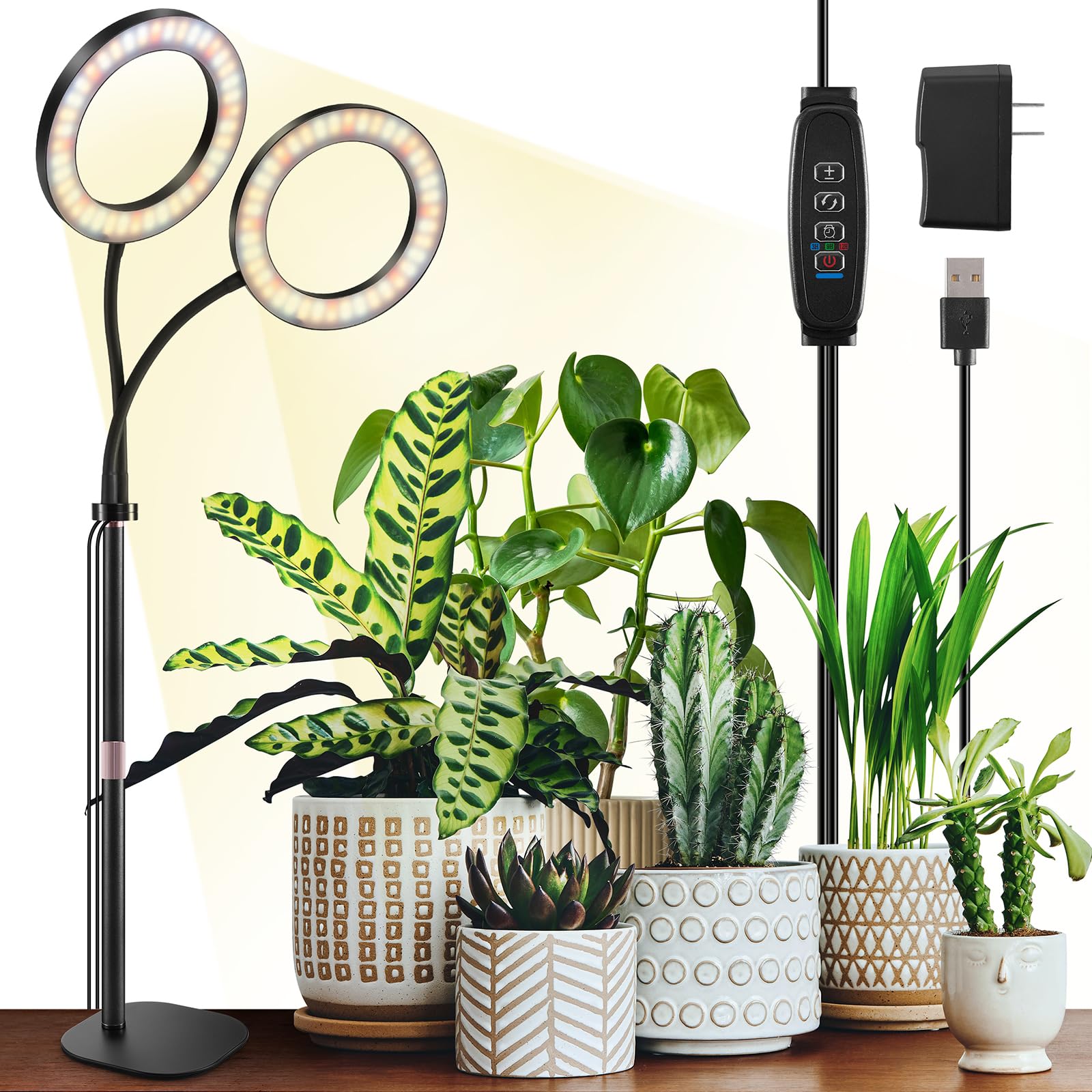 Lpmzmbl Dual Heads Grow Lights For Indoor Plant Full Spectrum, Desk Halo Plant Lights For Indoor Growing With 3/9/12 Timer, 5 Dimmable Levels,Height Adjustable 9.4-23.6&quot;,Strong Metal Base Happy Light