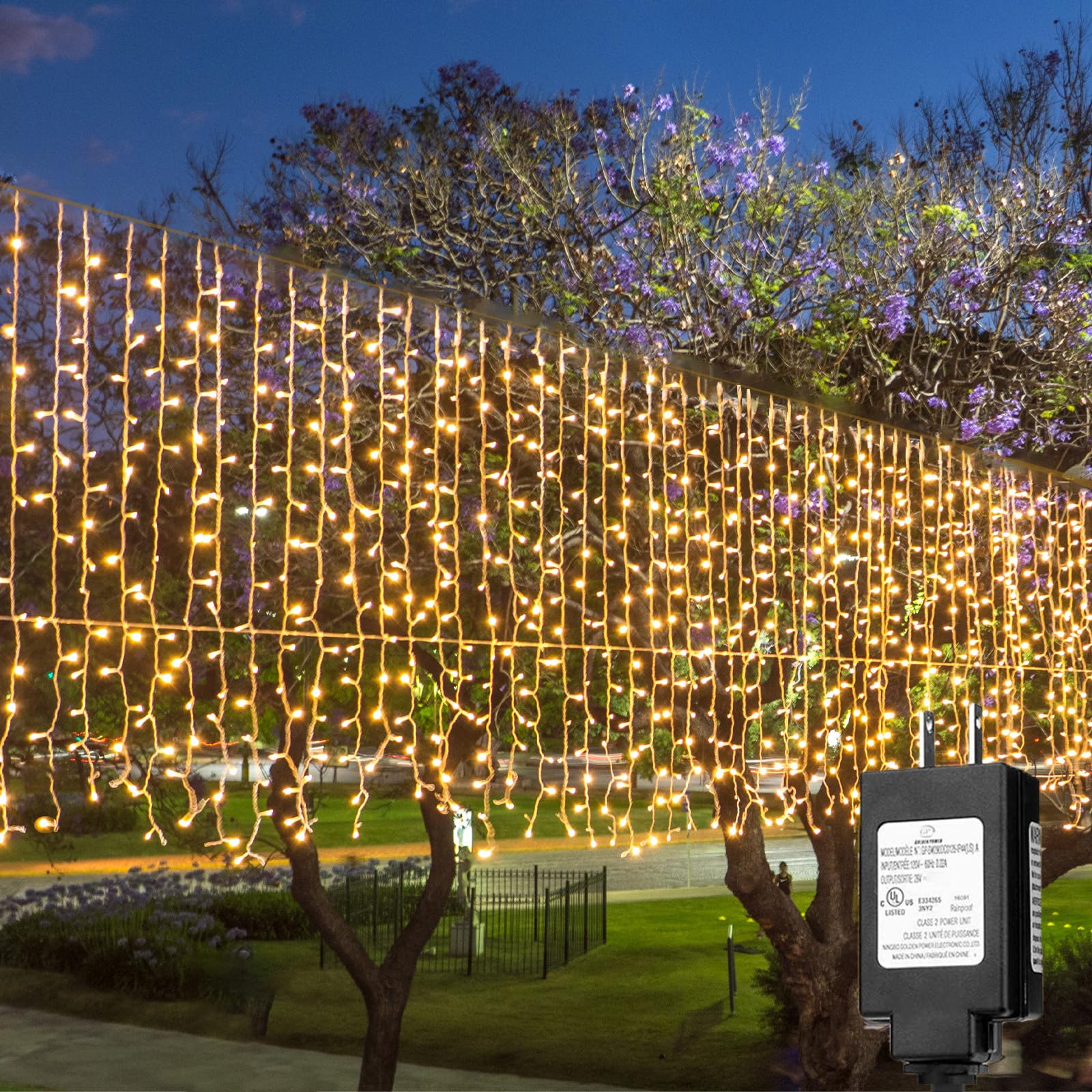 Solhice LED Curtain Lights Outside 40ft x 3ft for Backyard, 600 LED Plug in Hanging Fence String Lights Outdoor Waterproof for B