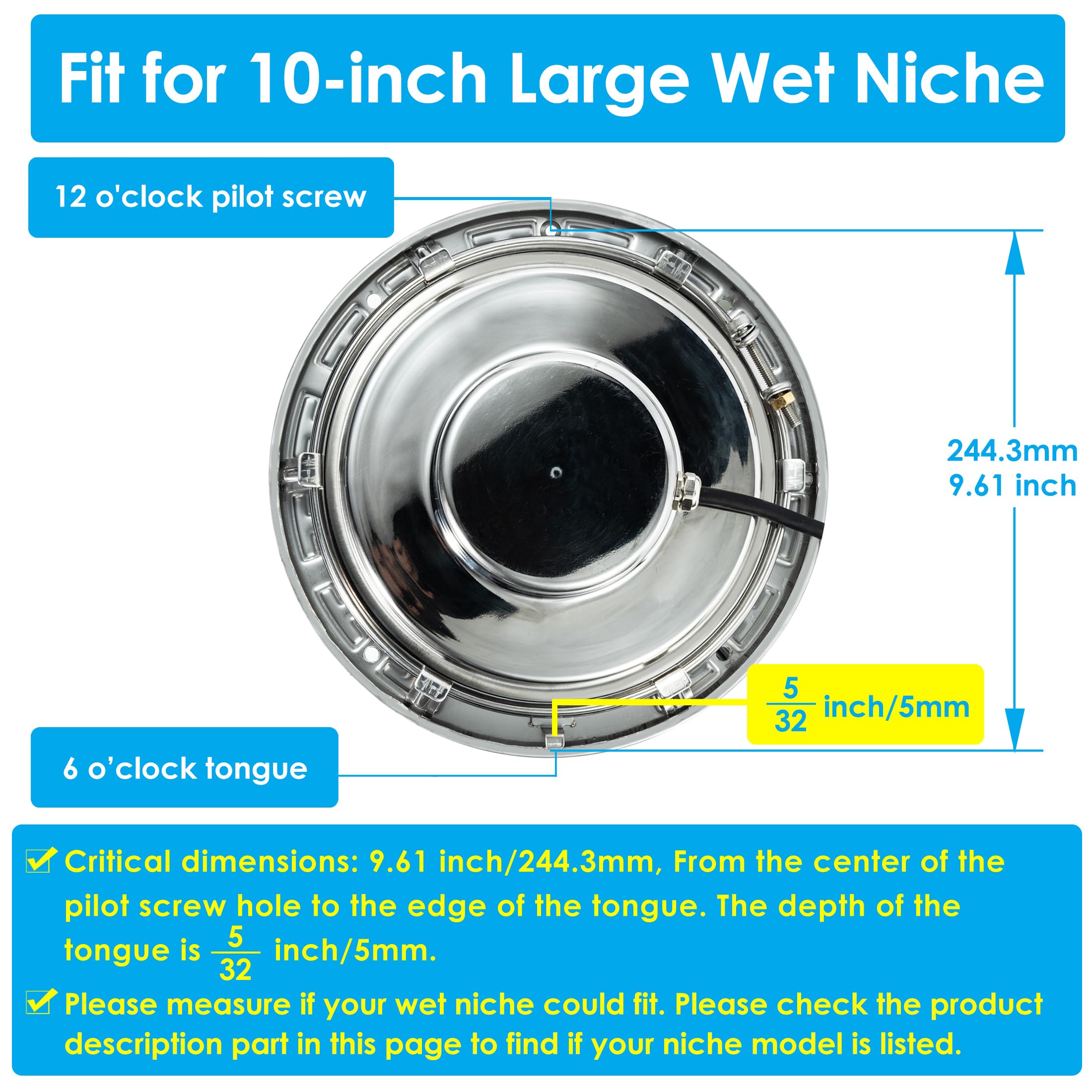 HQUA Remote Control LED RGBW Pool Light, 10 Inch, 50W, AC120V, Stainless Steel, UL Listed with 100 Feet Cord