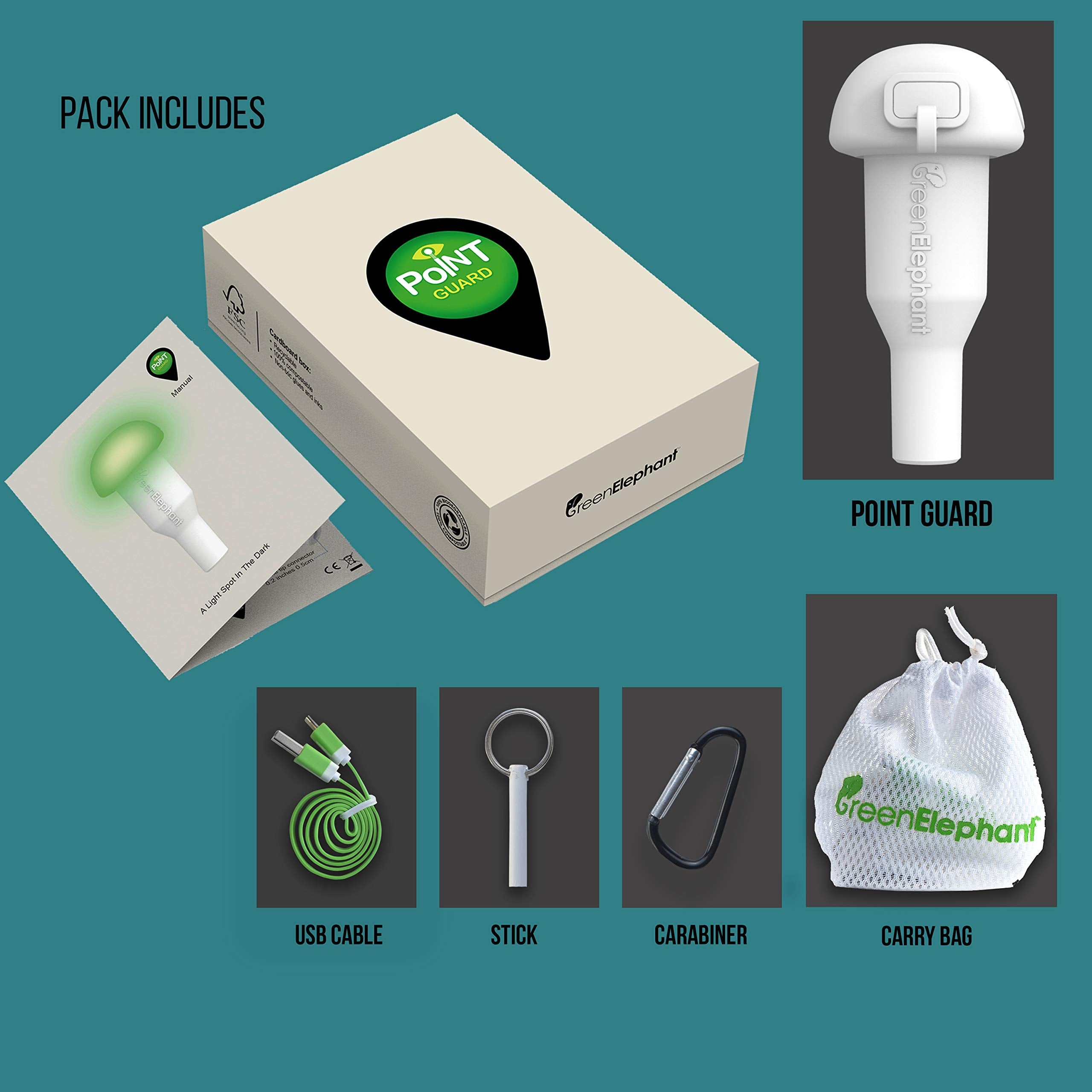 GREEN ELEPHANT Tarp Pole Light - USB Rechargeable LED for Camping, Hiking, Fishing - Green, Silicone Material