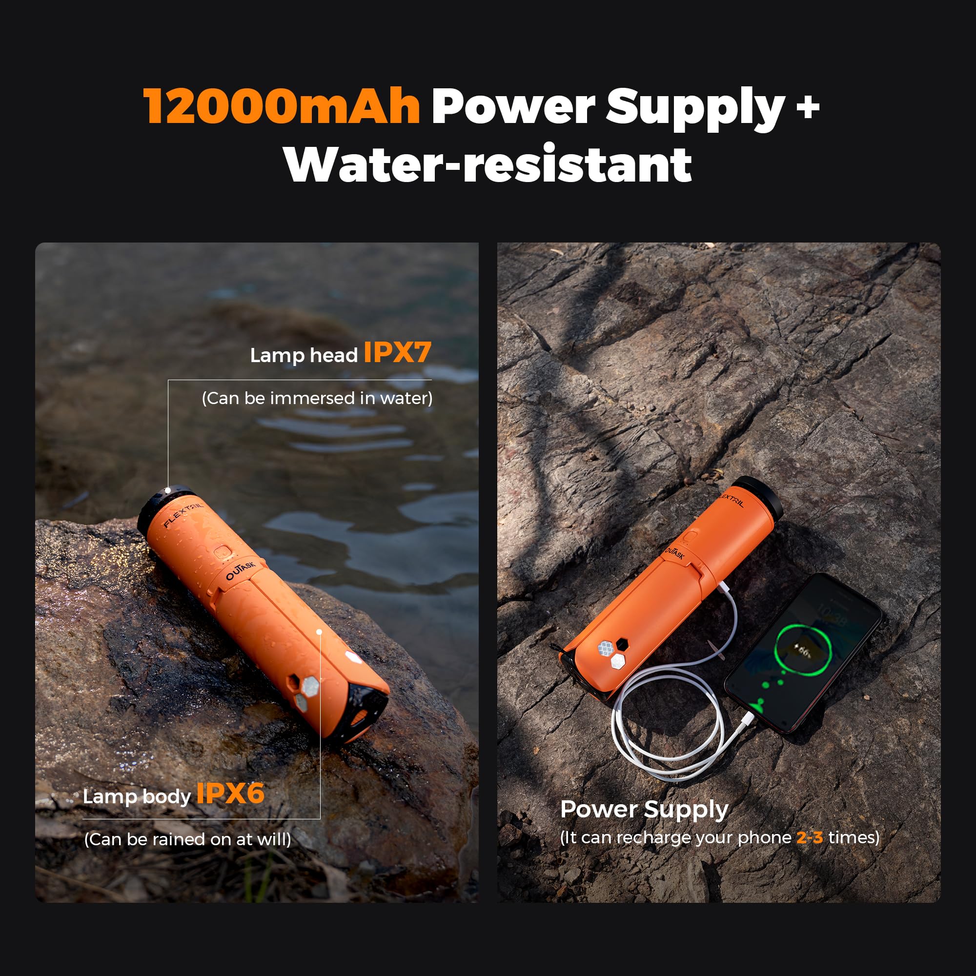 Outask Telescopic Camping Light - Collapsible Magnetic Lantern, 12000mAh Battery, Waterproof, Orange, Model TD-1