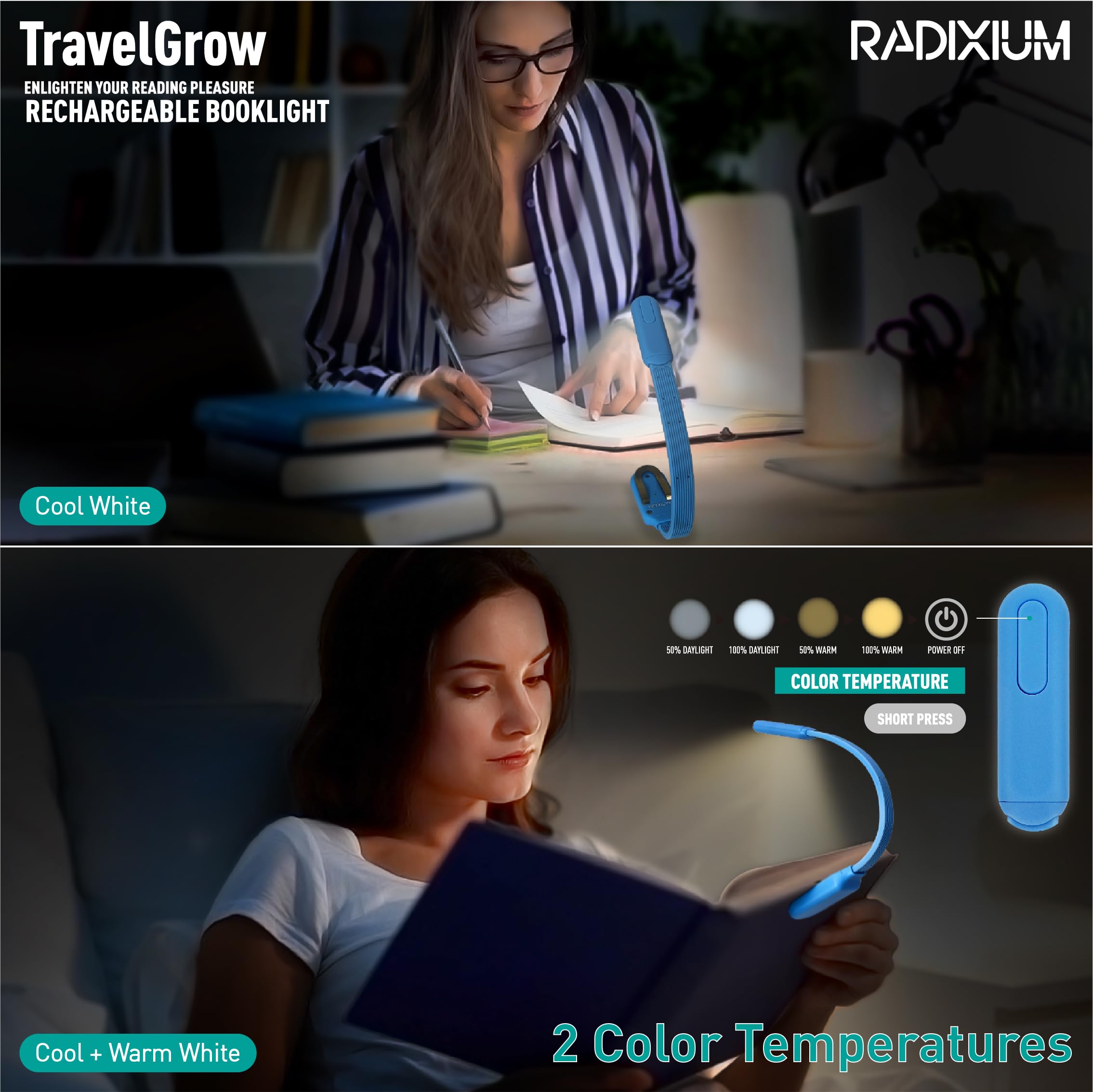 Radixium Slim Rechargeable Book Reading Light  Eye Caring Led With 4 Color Temperatures  Portable Clip On Book Light For Reading In Bed & Travelling. Prefect Elegant White Gift For Book Lover.(Blue)