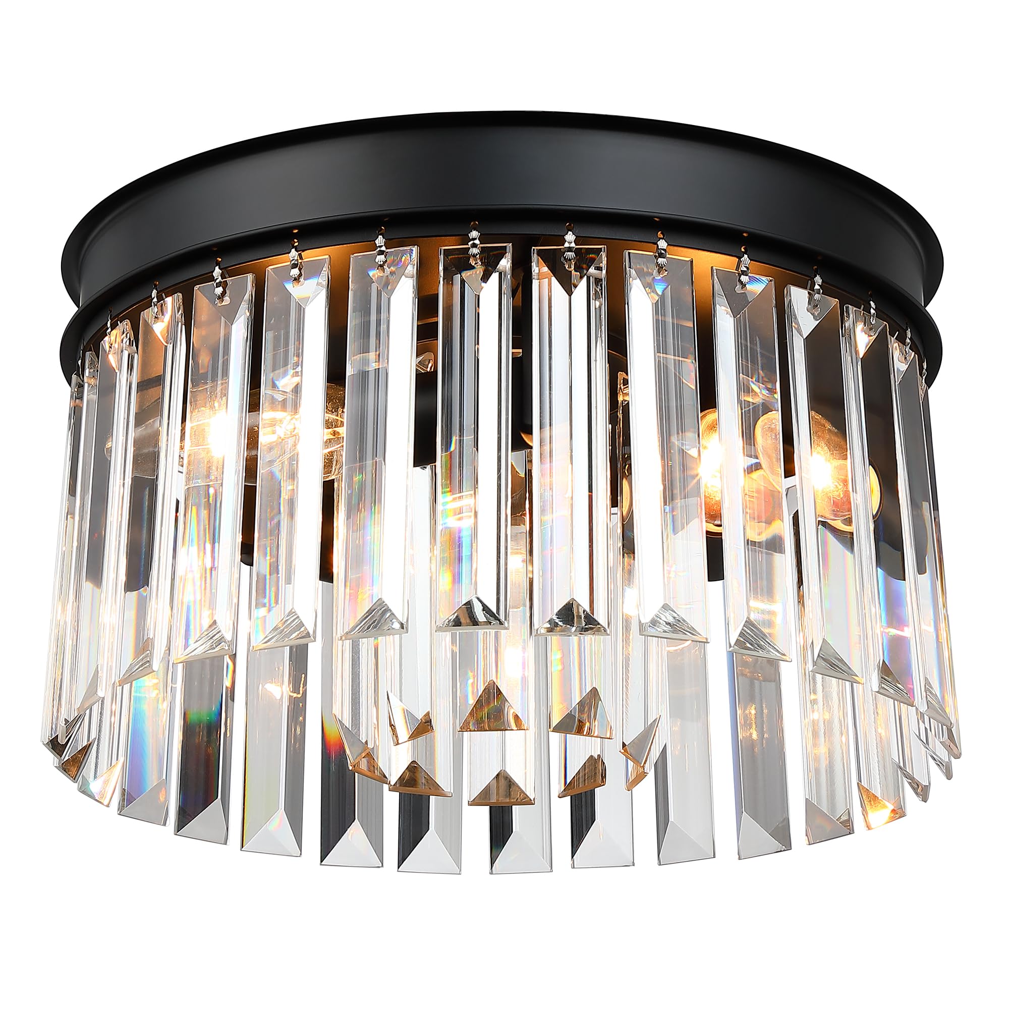 Black Flush Mount Ceiling Light Fixture, 12 Inch Modern Light Fixtures Ceiling, 3 Lights Crystal Chandelier Lighting For Living 