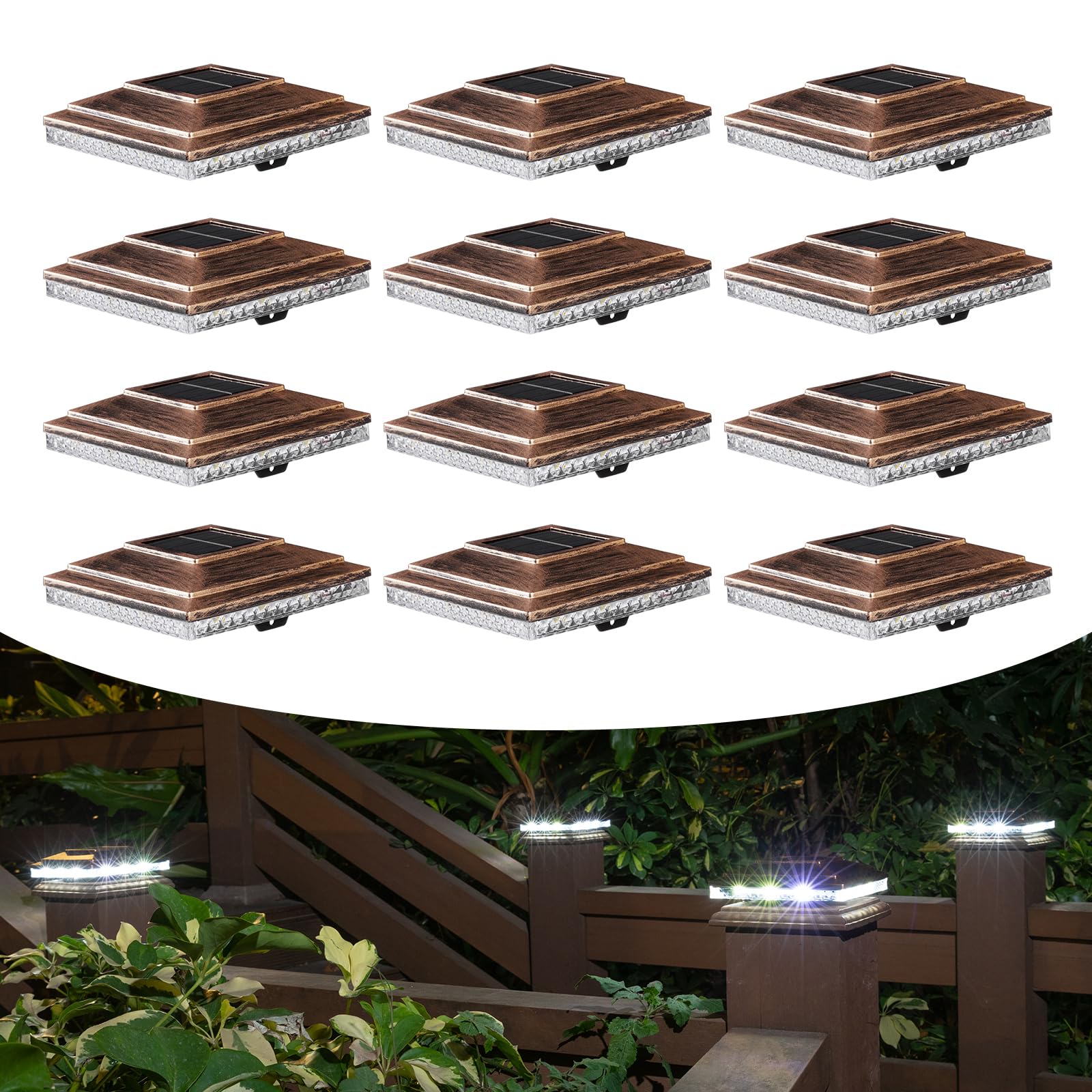 HUYIENO Solar Post Cap Lights, 20 Lumens, 2 Light Modes, 12pk, Brushed Copper, Fits 4x4 and 5x5 Wooden/Vinyl