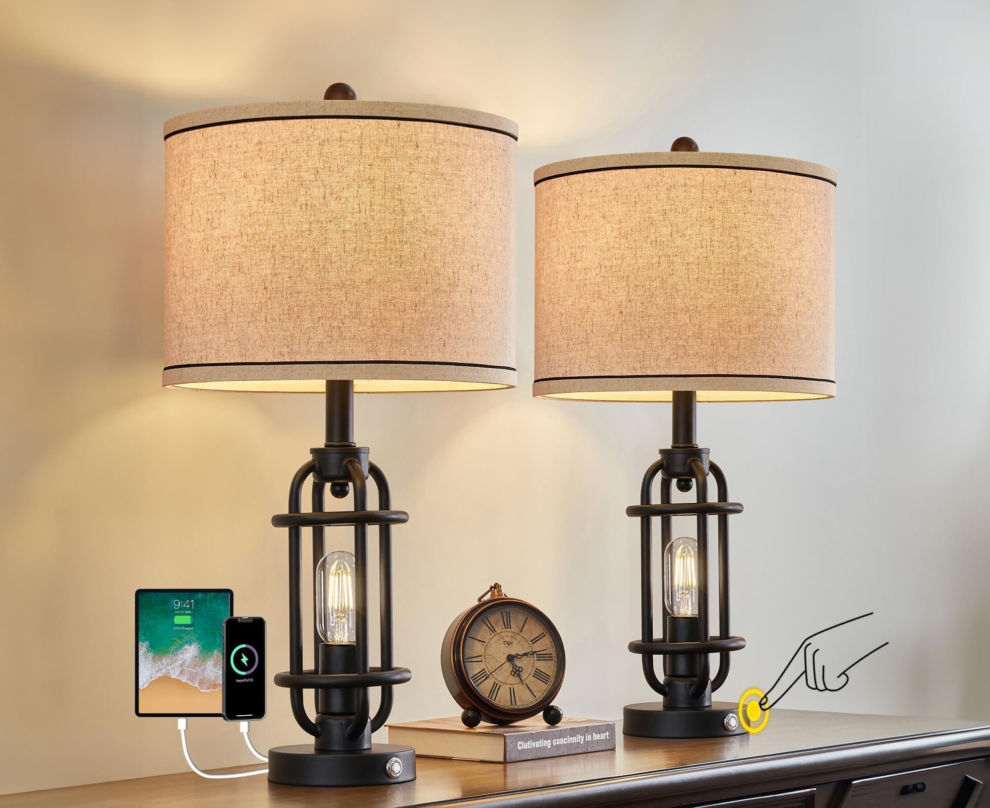 G-Safava 23.75'' Black Metal Table Lamps Set Of 2 With Usb Ports For Living Room & Nightstand