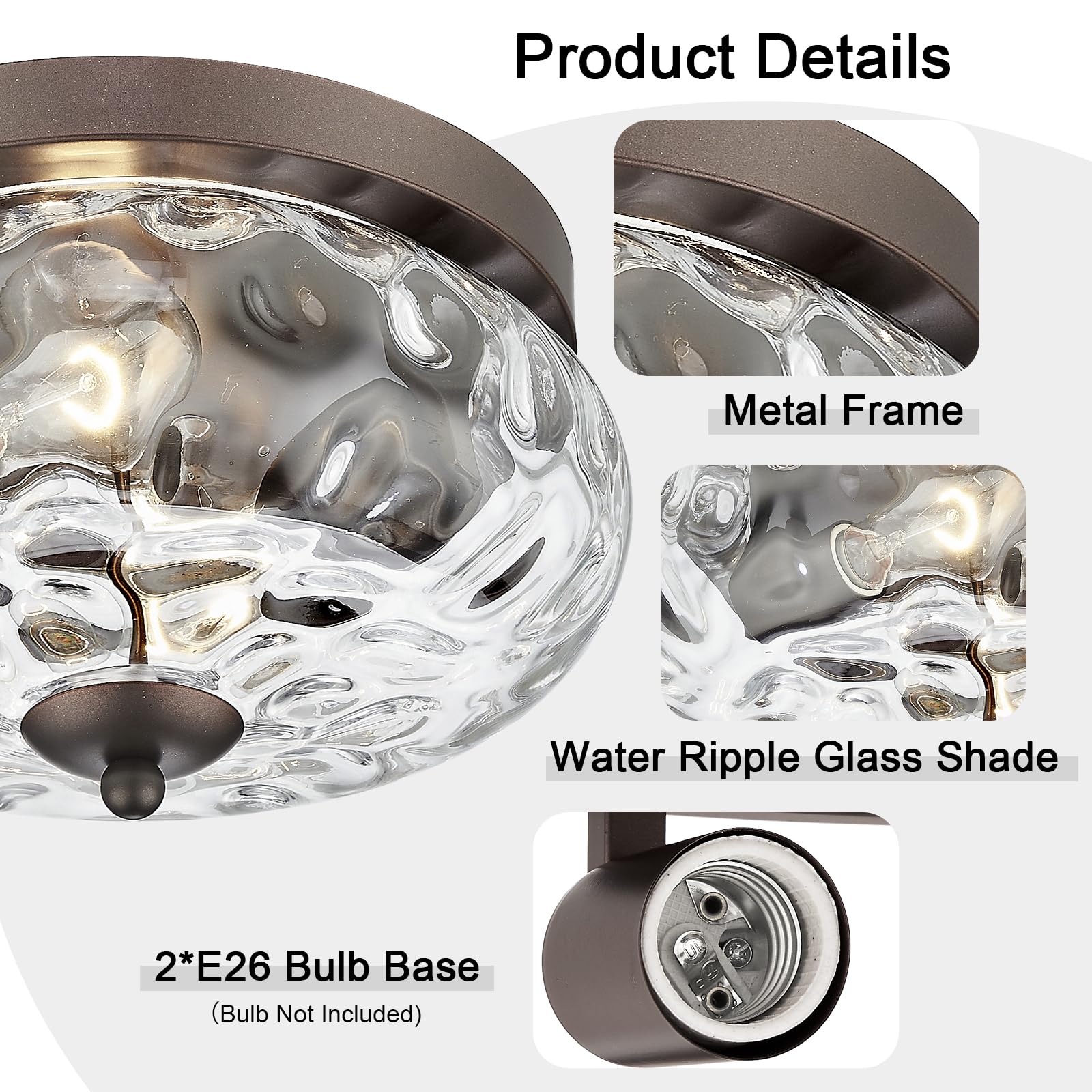 Darkaway Flush Mount Ceiling Light Fixtures, 11inch Water Ripple Glass Shade, Bronze Finish, Model 6T1F ORB+WG for Indoor/Outdoor Use
