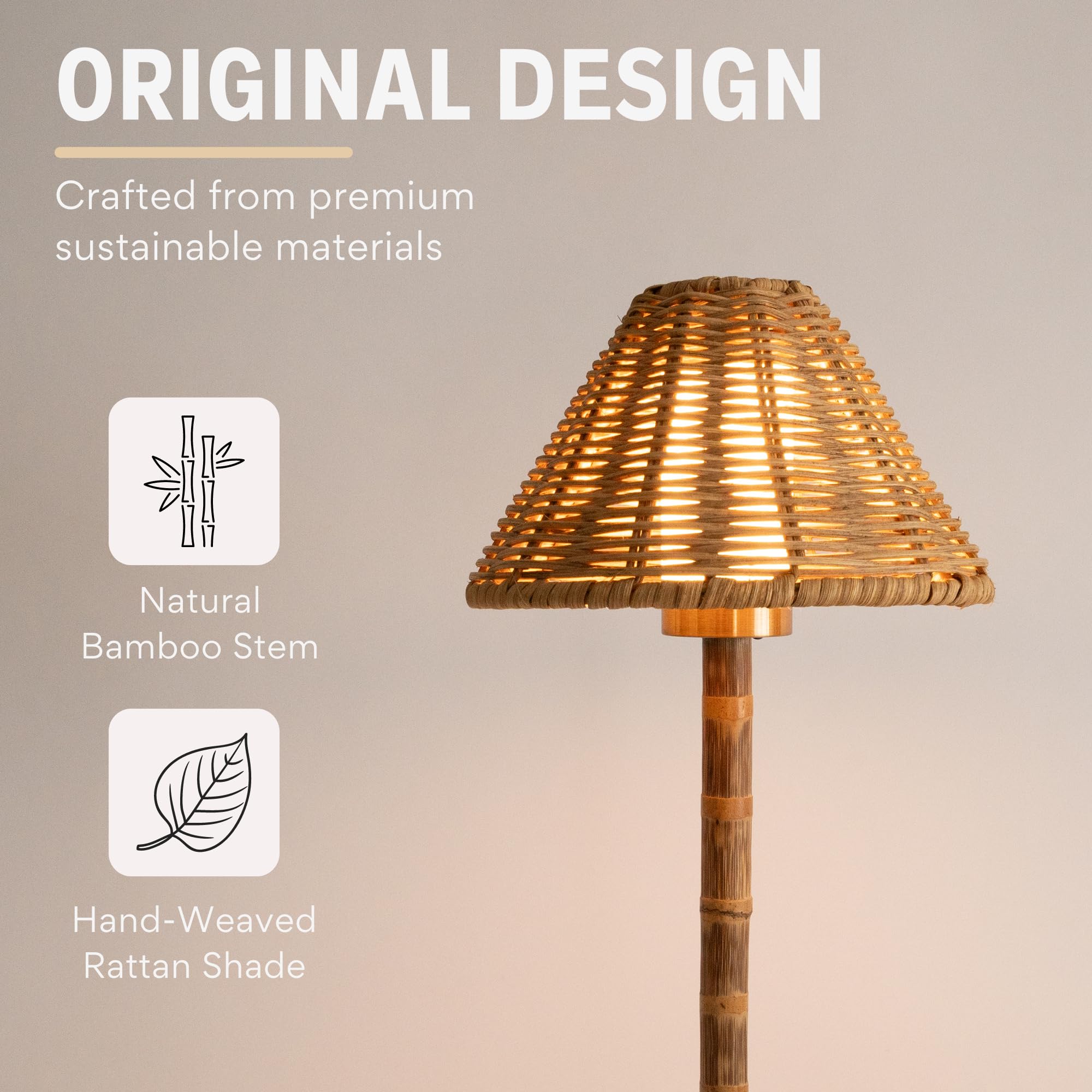 LUXELYKOS Bamboo Cordless LED Table Lamp - 15 Rechargeable, Dimmable Warm Light, Natural Rattan - Indoor/Outdoor Use with Remote
