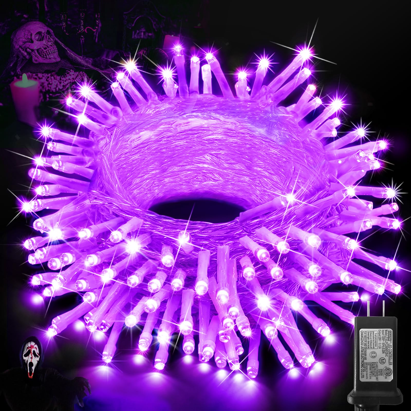 KNONEW Purple Halloween Lights Indoor Outdoor 60FT 180 LED String Light with 8 Lighting Modes, Timer Memory Function Plug in for Halloween Party Home Garden Roof Decorations