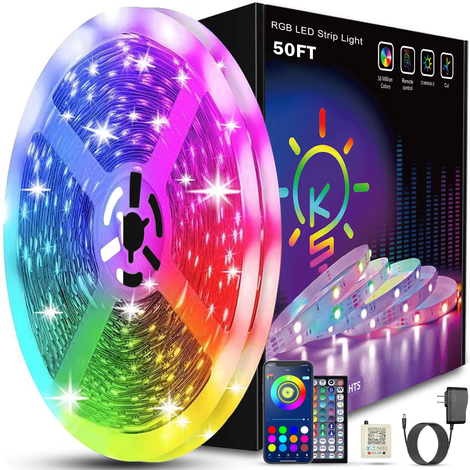 Keepsmile 50ft LED Strip Lights, Smart Sync Music, APP Control, Multicolor, Plastic, Model Z-100FT