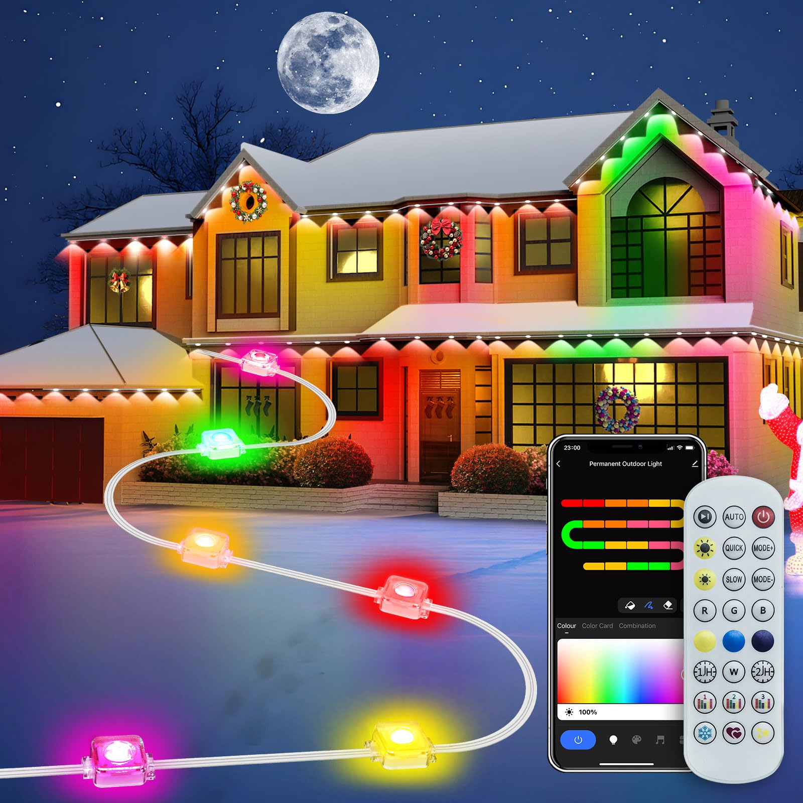 Smart Permanent Outdoor Lights for House, IP67 Waterproof with 54 Scene, 50ft RGB+IC LED House Lights Outdoor All Year, for Hall