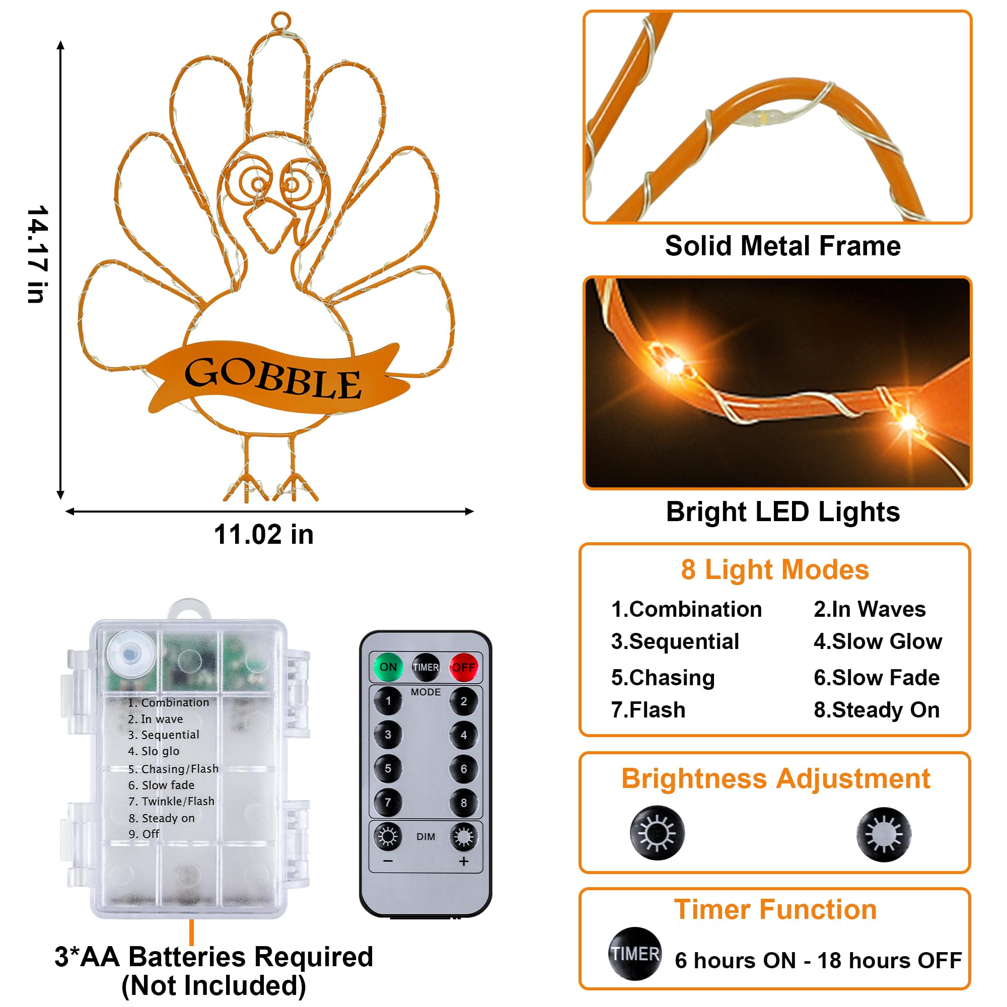 [Timer & 8 Modes] Thanksgiving Turkey Decorations Window Lights, Thanksgiving Window Decorations Silhouette Lights Orange Batter