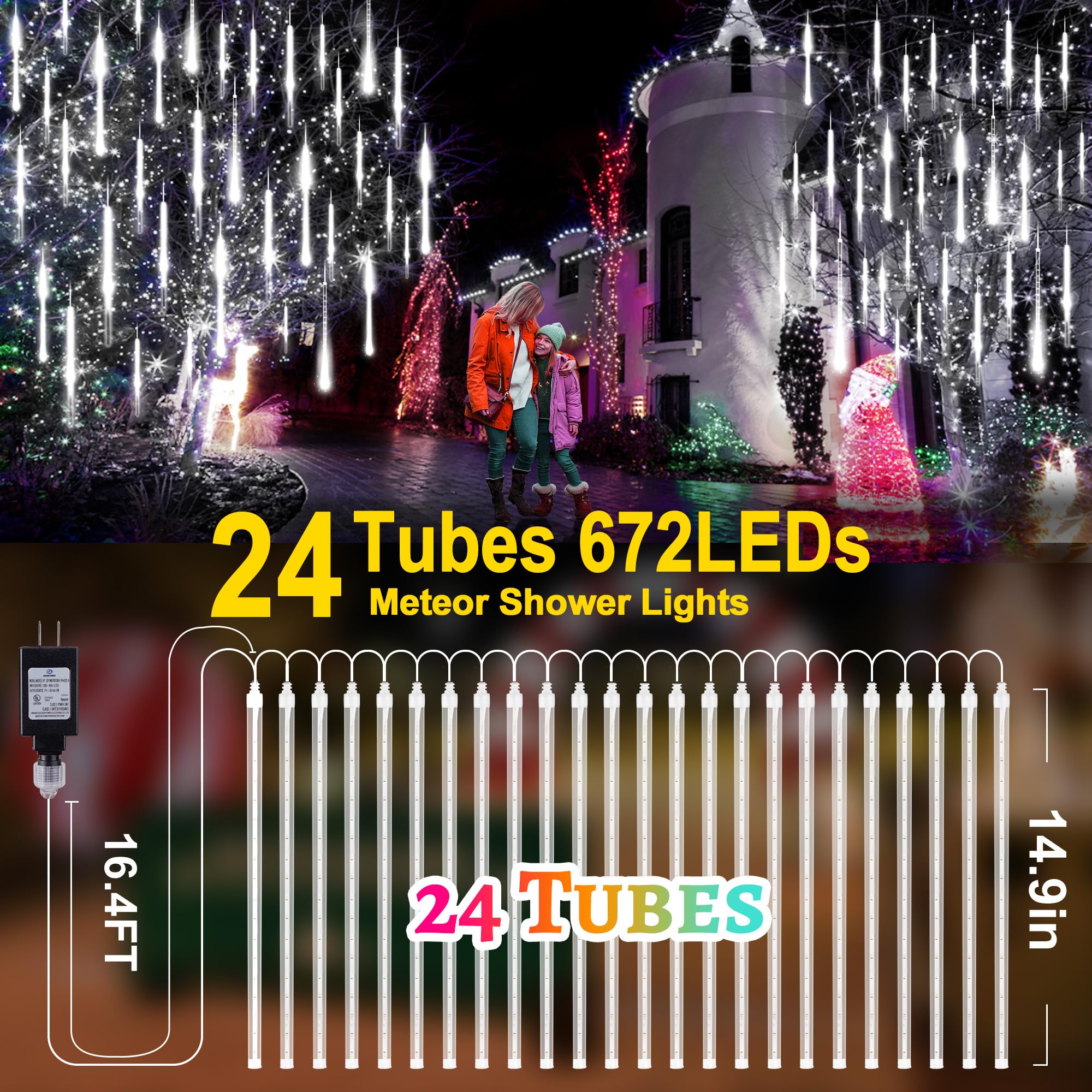 KNONEW Meteor Shower Lights 24 Tubes 672 LED Warm White Outdoor Waterproof Party Decorations Model BG-CL3M3-306L01