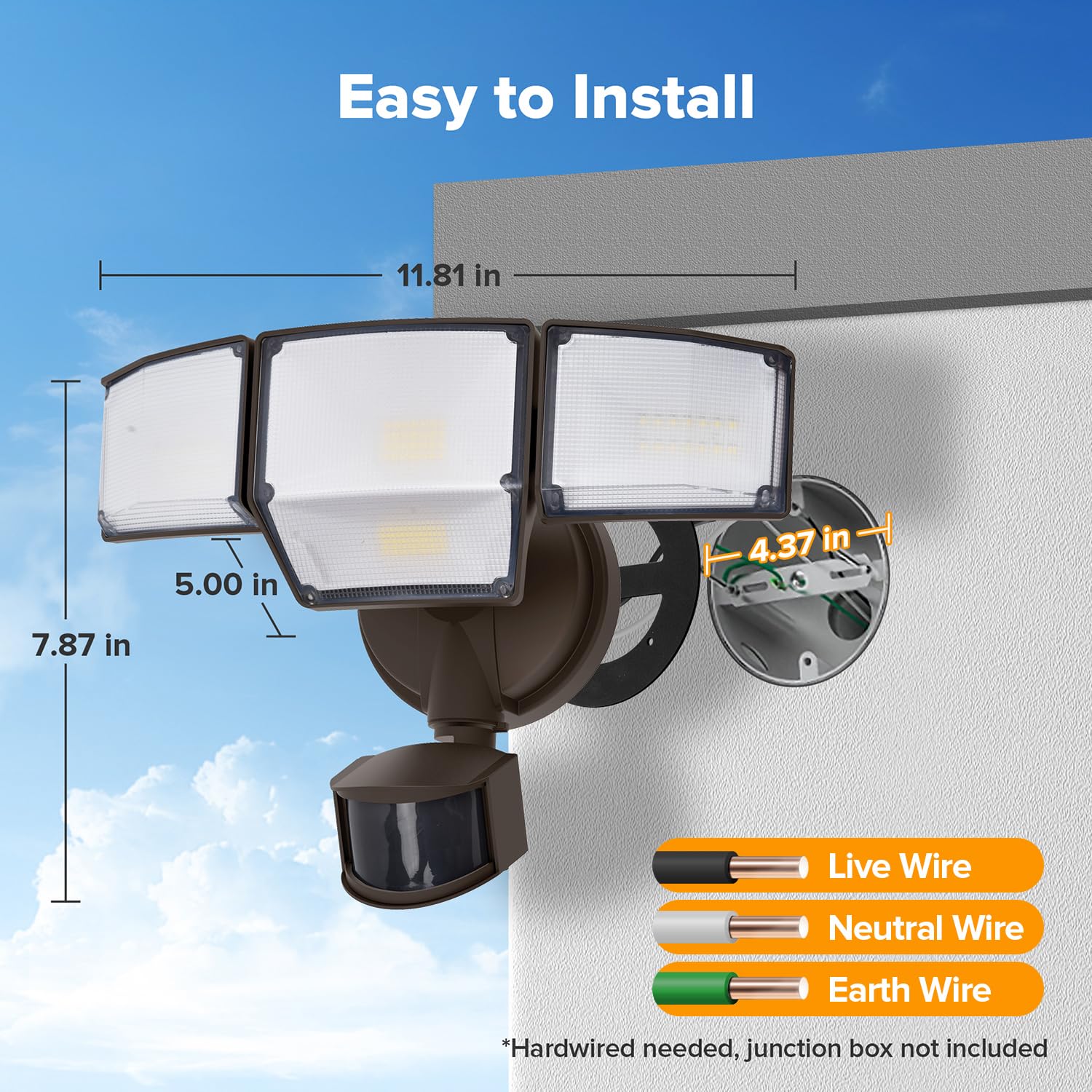 LUTEC 80W LED Security Light with Motion Sensor, 9000LM, 4 Head, IP65 Waterproof, 5000K Daylight, Brown, Model 7632816012