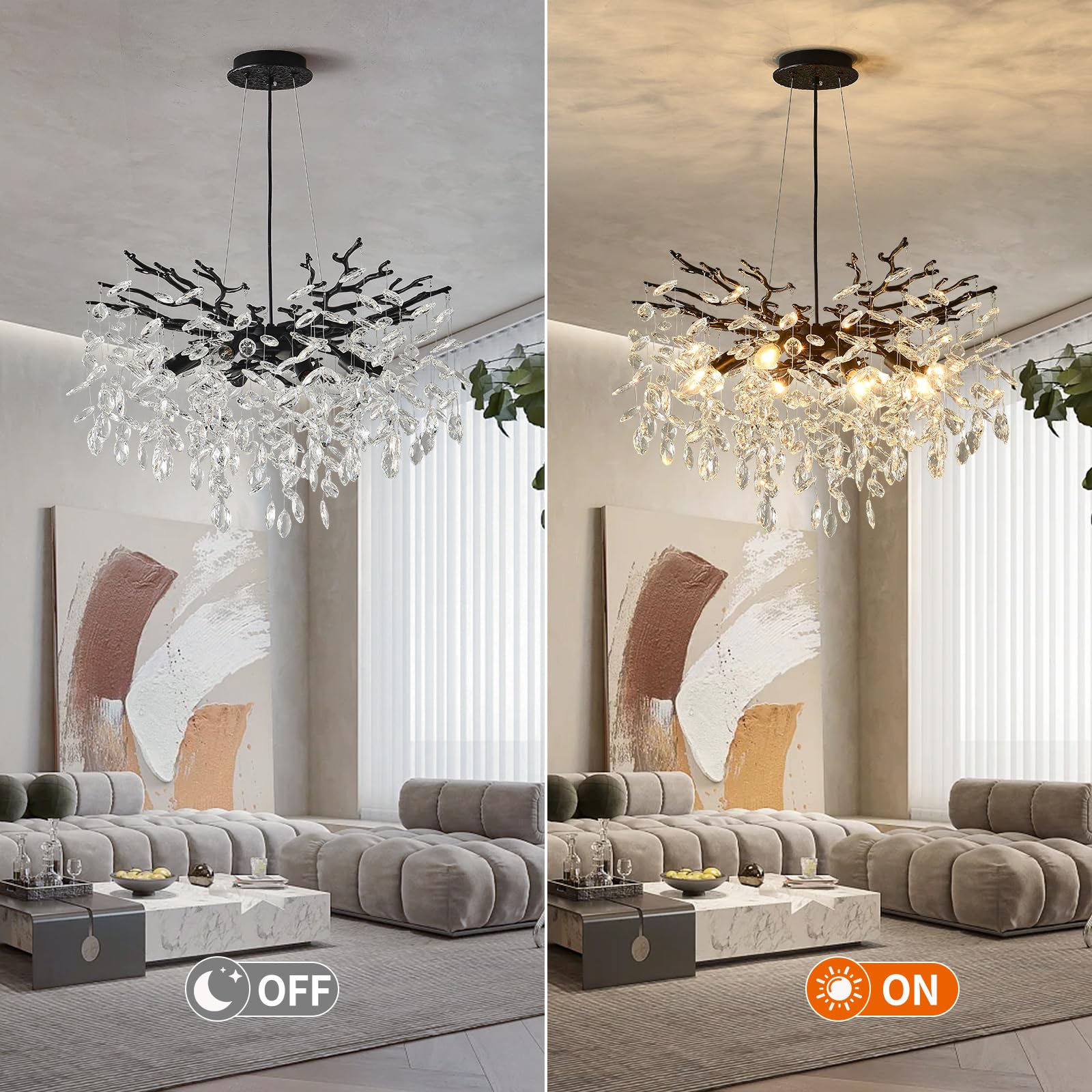 Egm Black 24 Inch Tree Branch Crystal Chandelier, Modern Raindrop Crystal Ceiling Light Fixtures 8-Light(E12), Hanging Round Cha