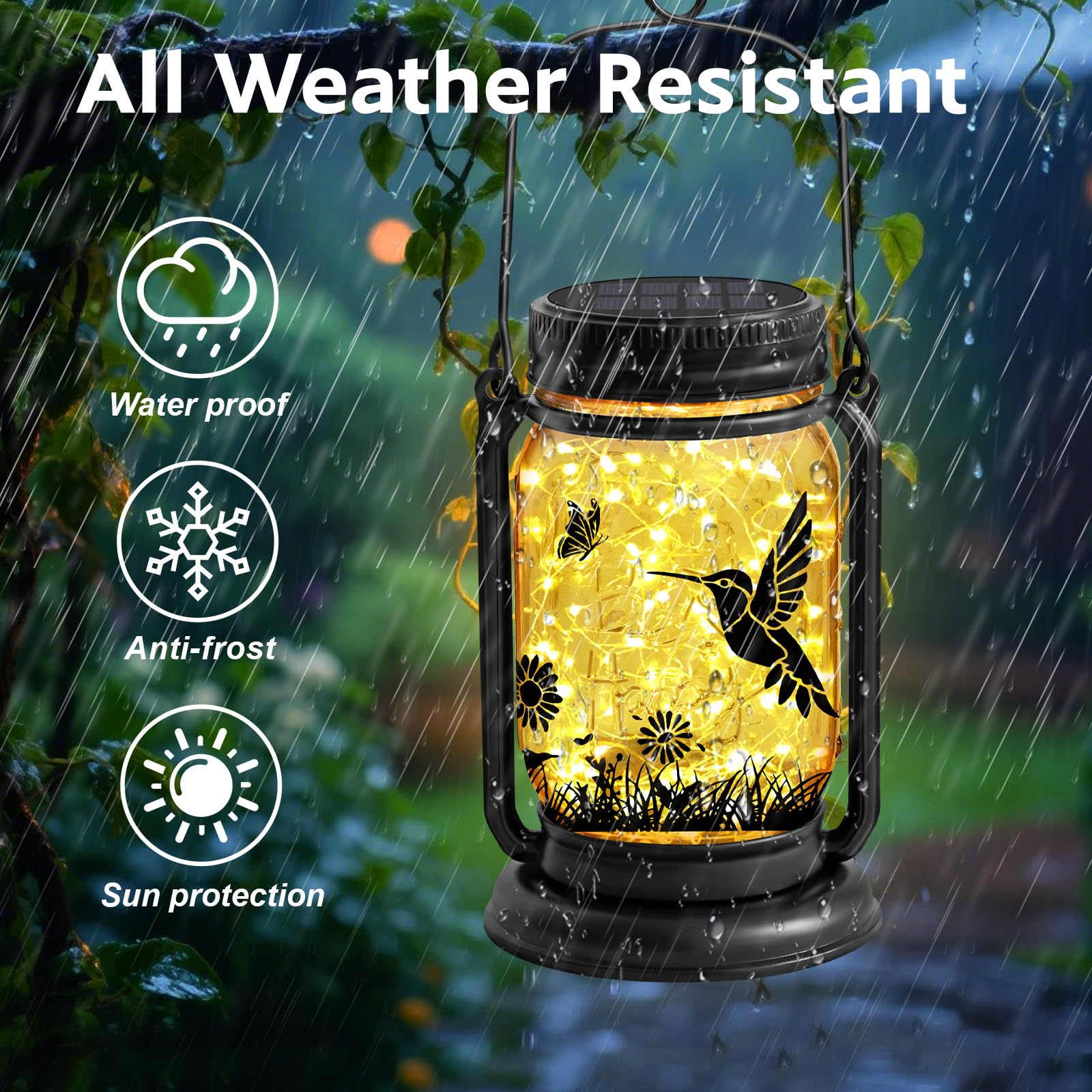 ANGMLN Hummingbird Solar Lanterns - 3-in-1 Waterproof Mason Jar Lights for Outdoor Garden Decor, Model FG-61