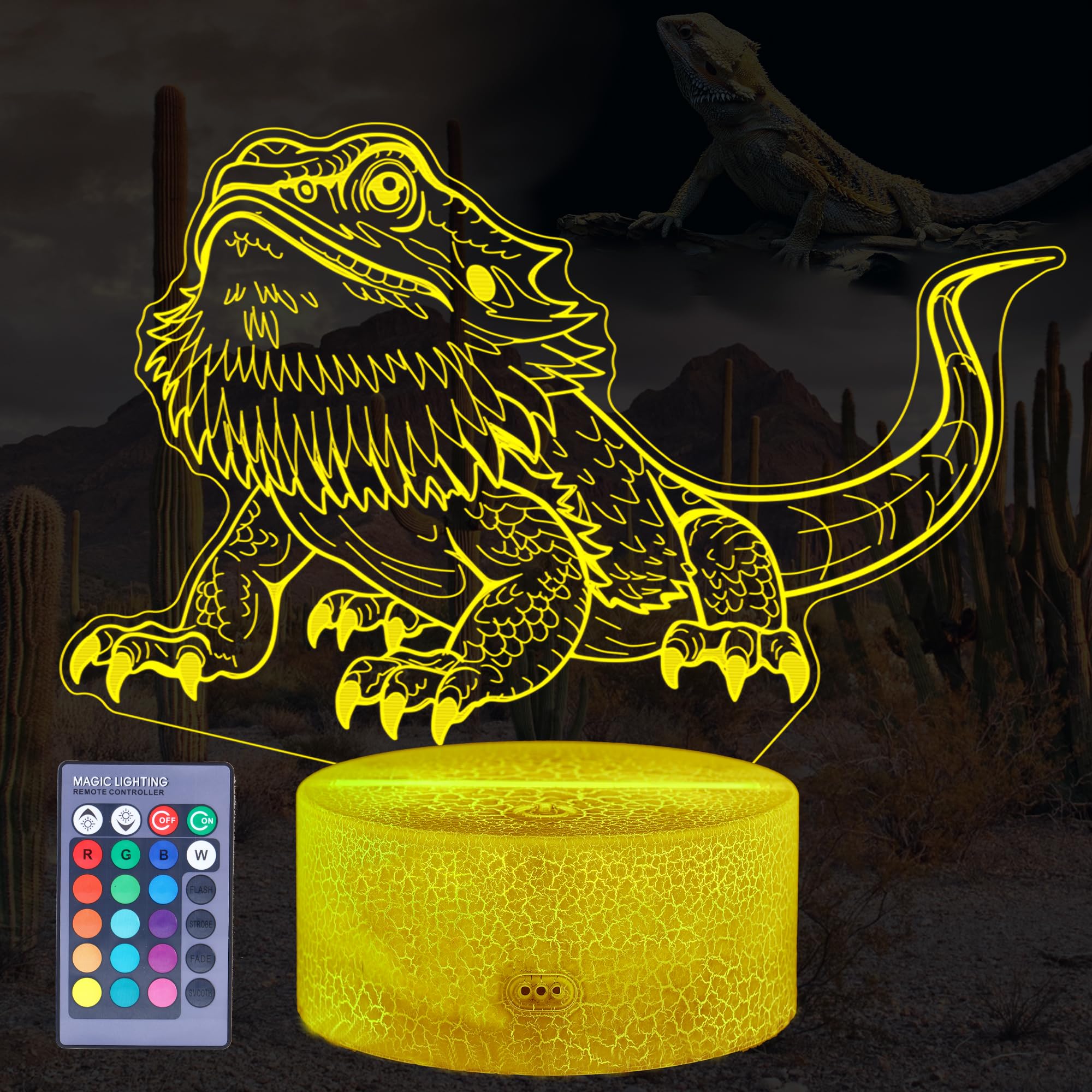 POSSHE Bearded Dragon Gift, Bearded Dragons Night Light with Remote Control, 16 Colors Changing, RGB Flashing Mode, Dimmable, Gr