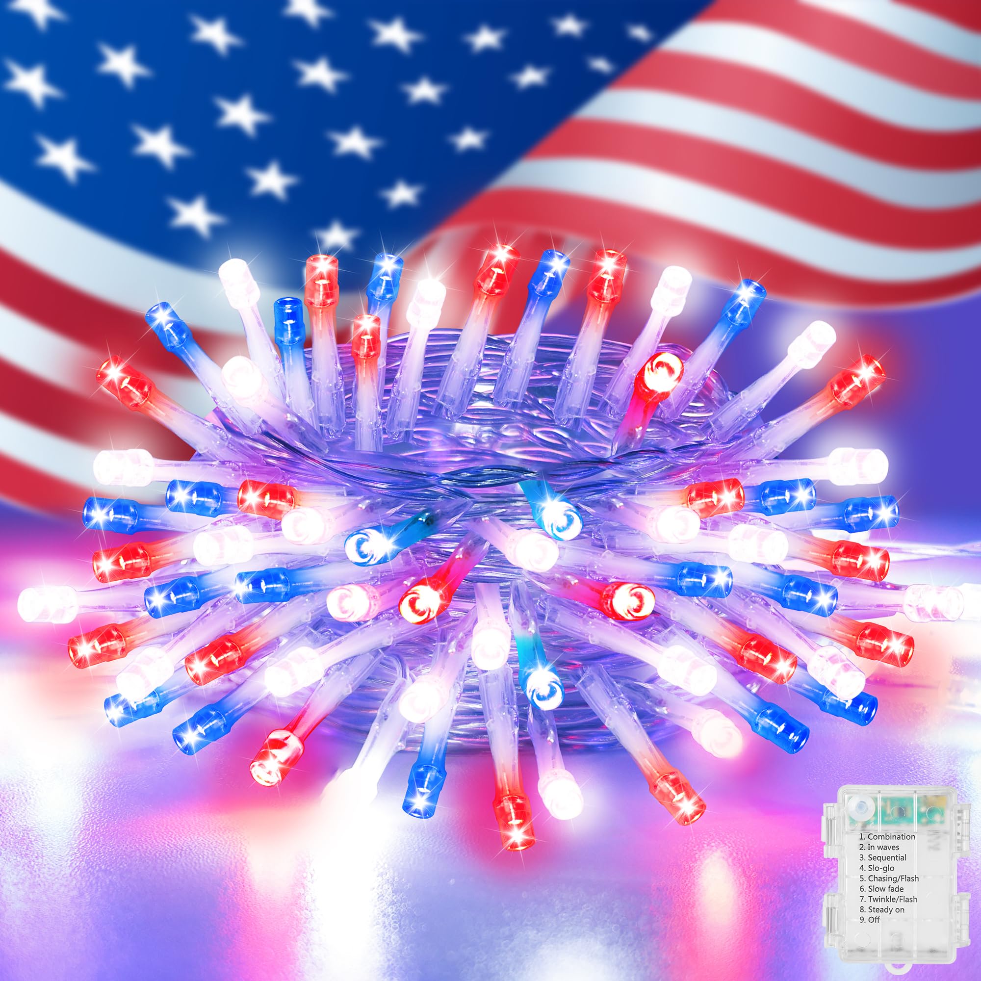 Red White Blue 4th of July Decoration Light - 30 LED 11.5Ft Patriotic Battery String Lights with 8 Modes, Timer, Waterproof - In