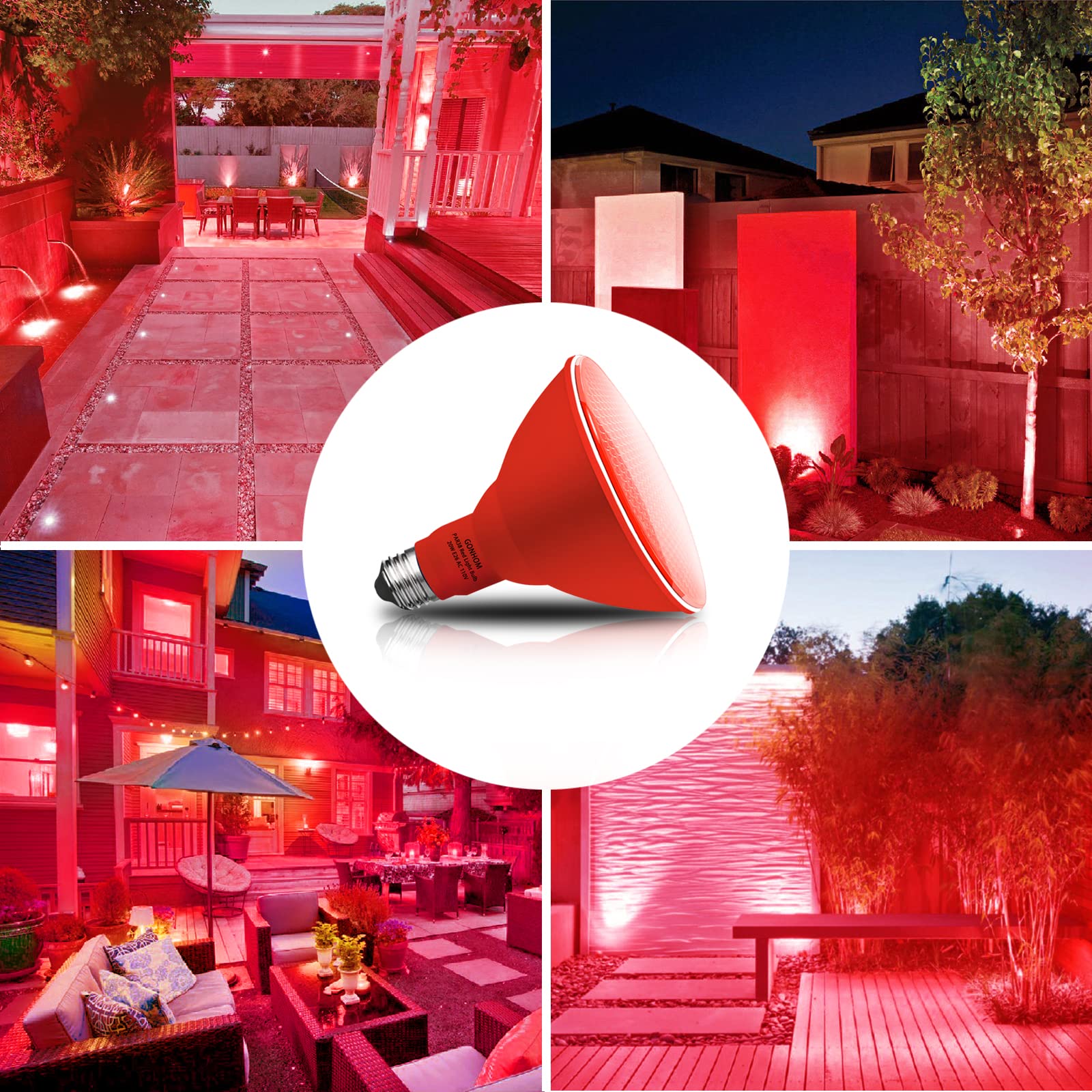Gonhom PAR38 Red Flood Light Bulbs - 20W Dimmable LED, 2 Pack, E26 Base, Outdoor Holiday Lighting