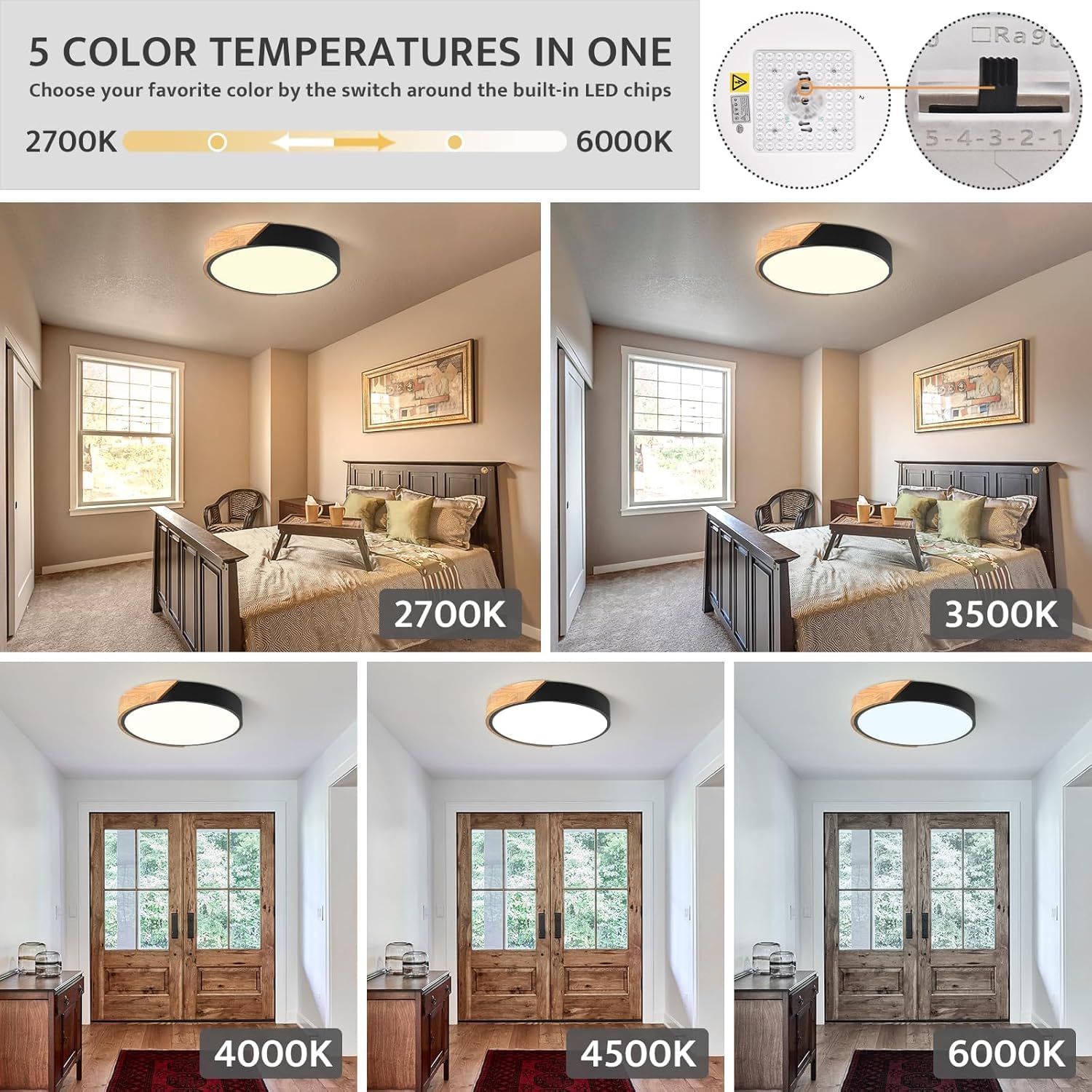 Vikaey Modern Dimmable Led Ceiling Light, Minimalist Wood Style 5Cct 2700K-6000K Flush Mount Ceiling Light Fixture, Round Lighti