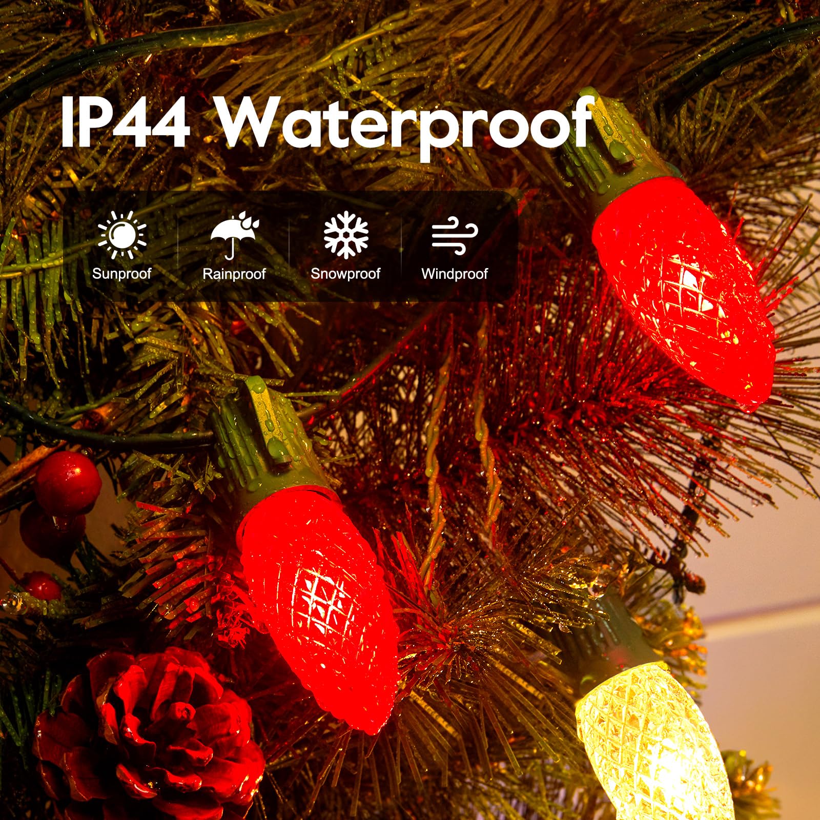 Minetom C9 LED Christmas Lights ·150 FT, 75 LED, Waterproof, Red and Warm White, Indoor/Outdoor Decor