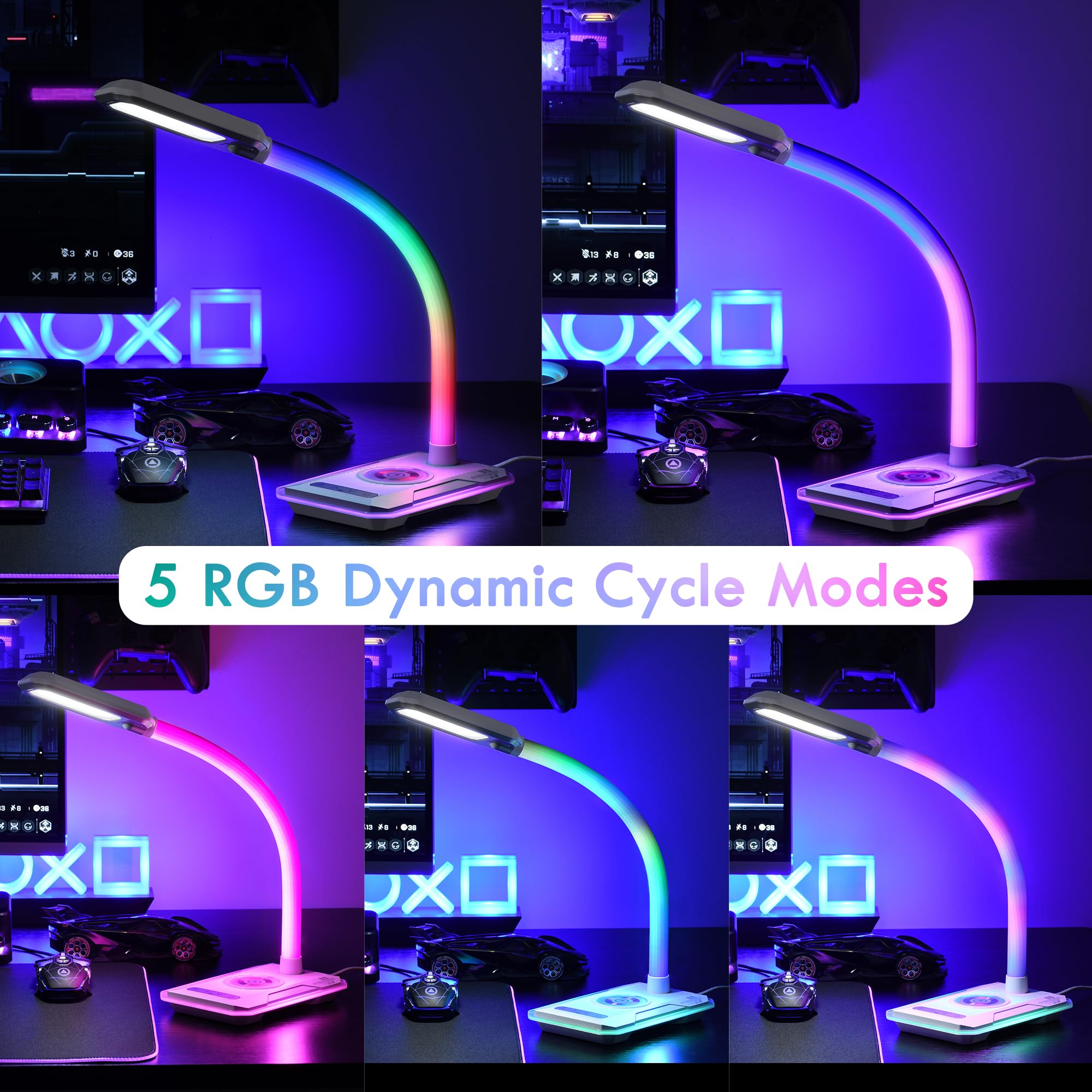 Wilit Led Desk Lamp With Wireless Charger, Rgb Color Changing Gaming Lamp With Usb Charging Port, Touch Control Table Lamp With