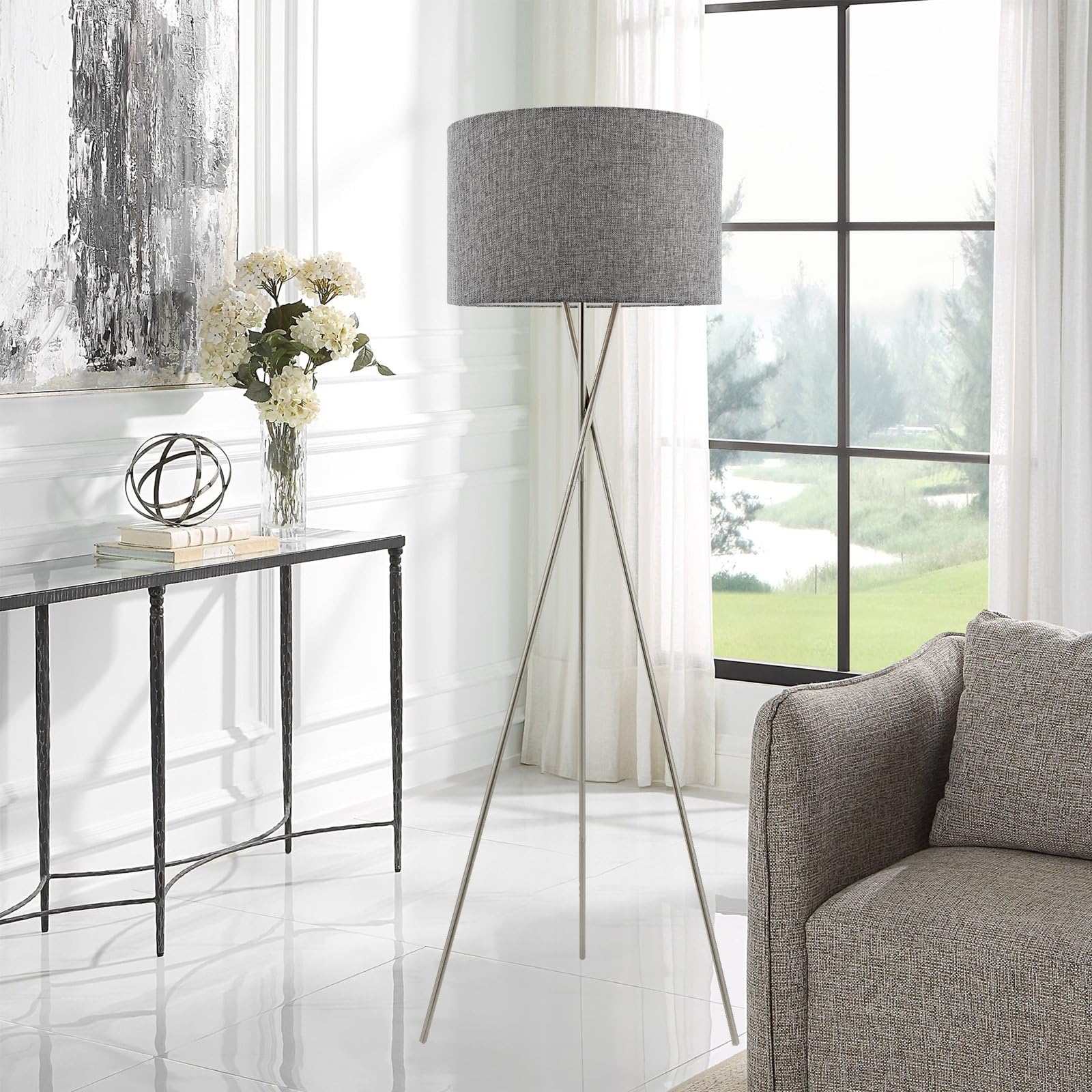 Kira Home Sadie 60 Mid Century Modern Tripod Led Floor Lamp, Brushed Nickel Finish, Gray Shade, Model Rv-F5017-Bn-Gr, Eco-Friendly Bulb Included