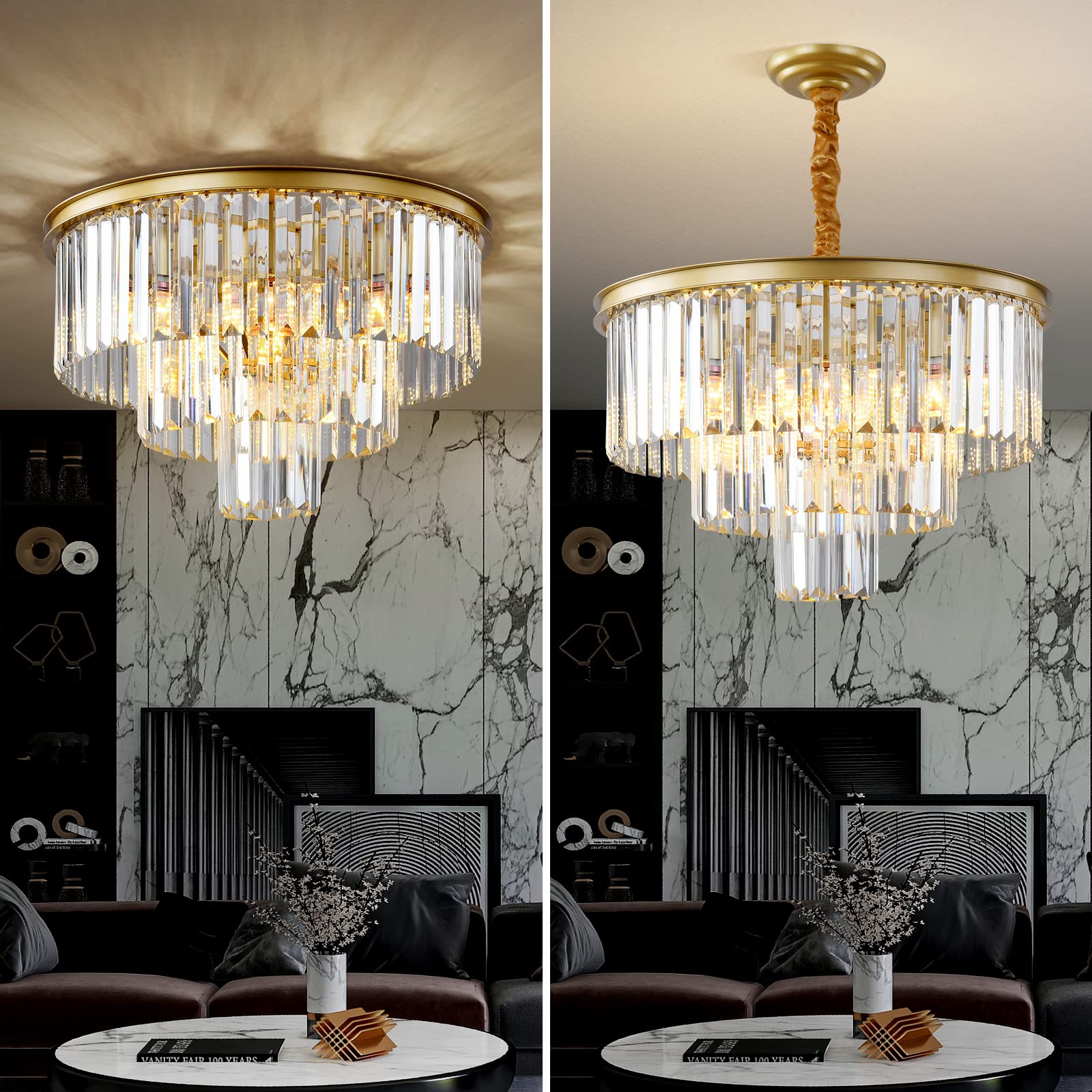 Laiuetai Gold Modern Crystal Chandelier  3-Tier Round Flush Mount Ceiling Light Fixtures Height Adjustable Pendant Lighting For Dining Room Living Room Bedroom Kitchen Hotel Foyer