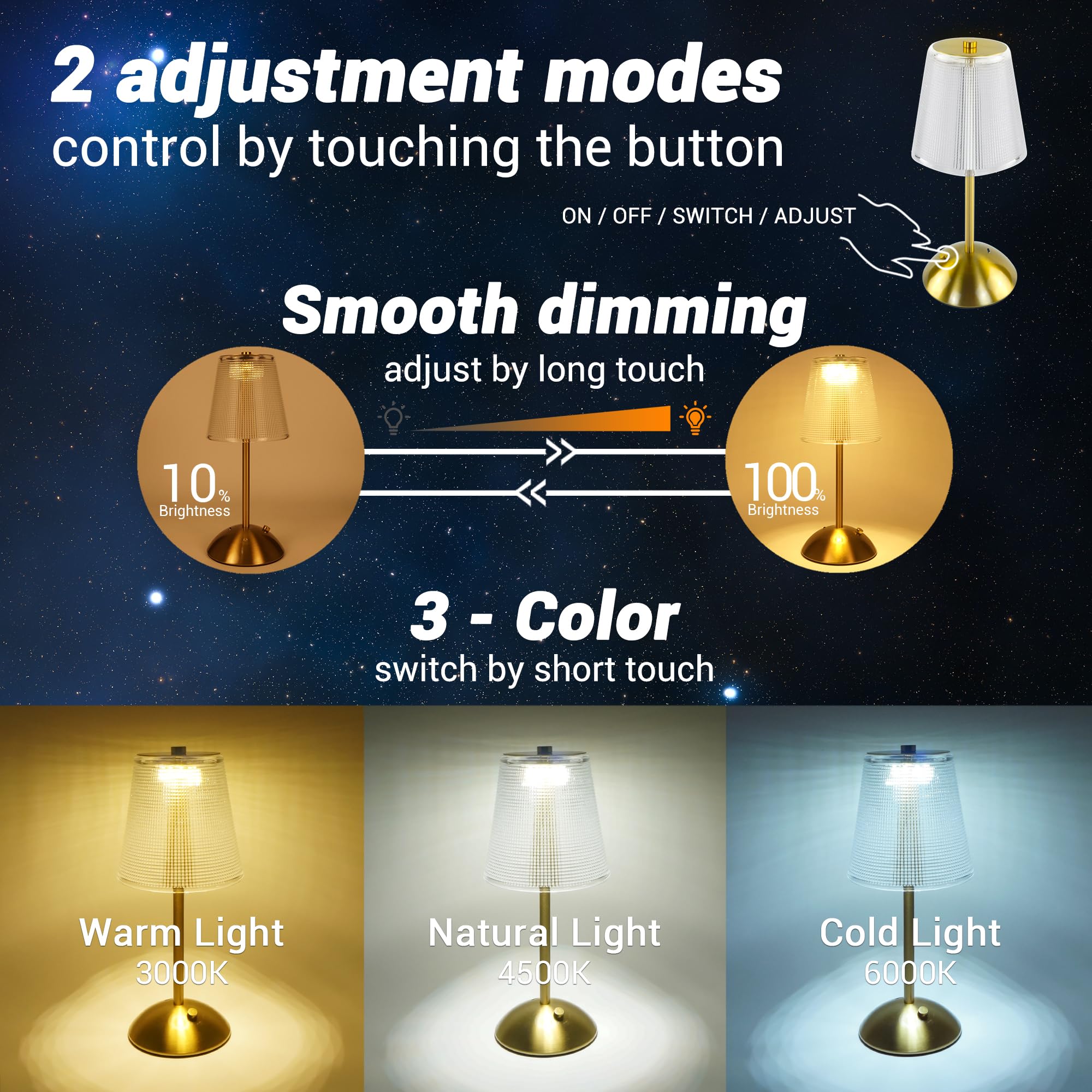 Amingulry Gold Retro Cordless Table Lamp, 4000Mah Rechargeable, 3 Color Modes, Dimmable Led